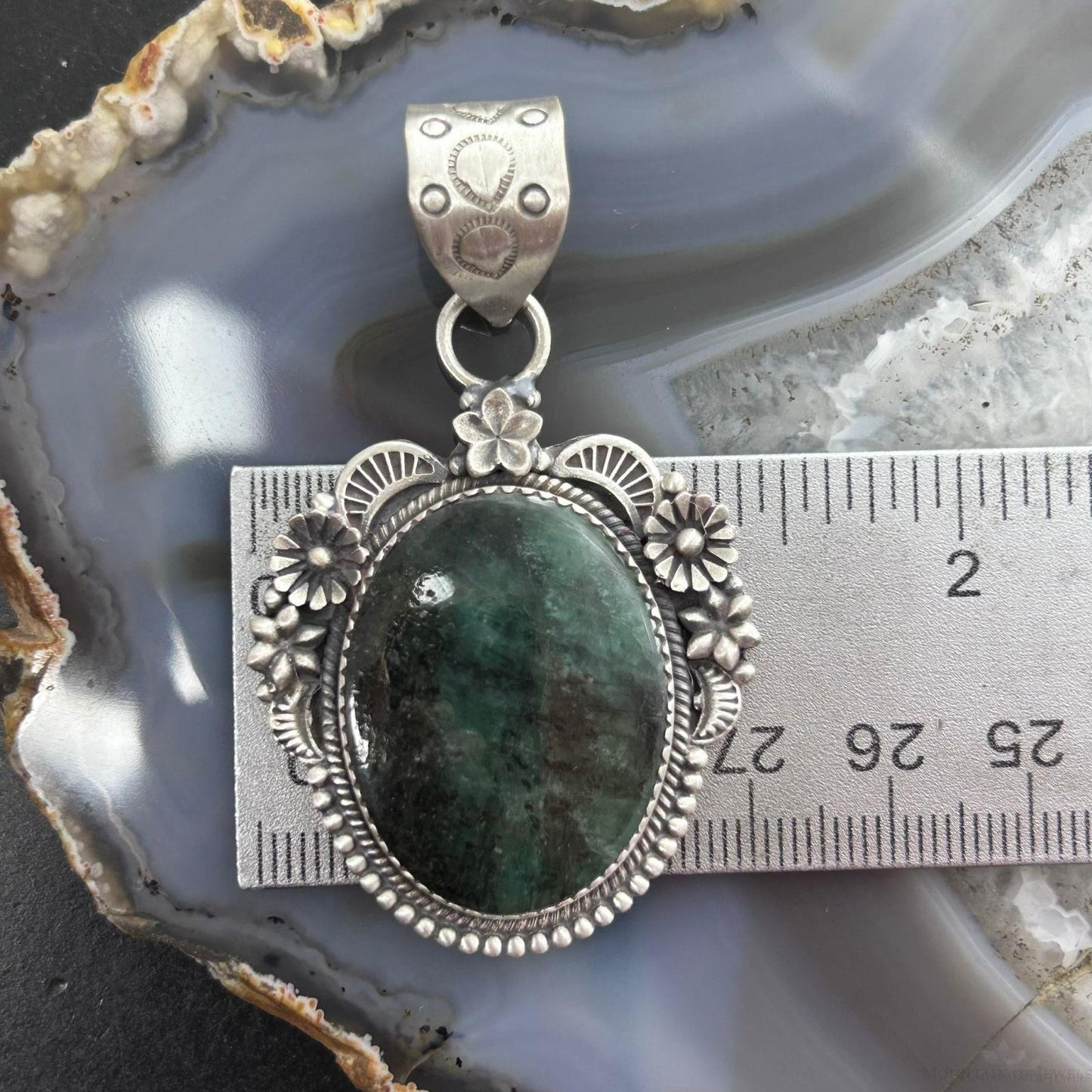 Sterling Silver Southwestern Style Oval Dark Emerald Decorated Pendant For Women