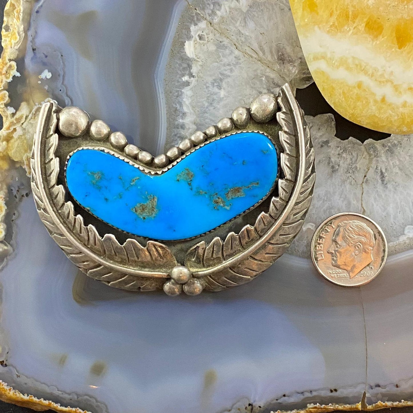 Vintage Native American Silver Turquoise and Leaves Decorated Brooch For Women