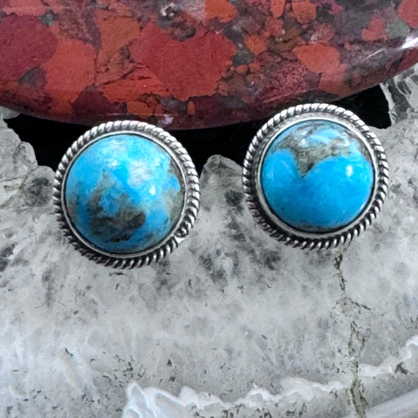 Native American Sterling Silver Rounded Turquoise Stud Earrings For Women