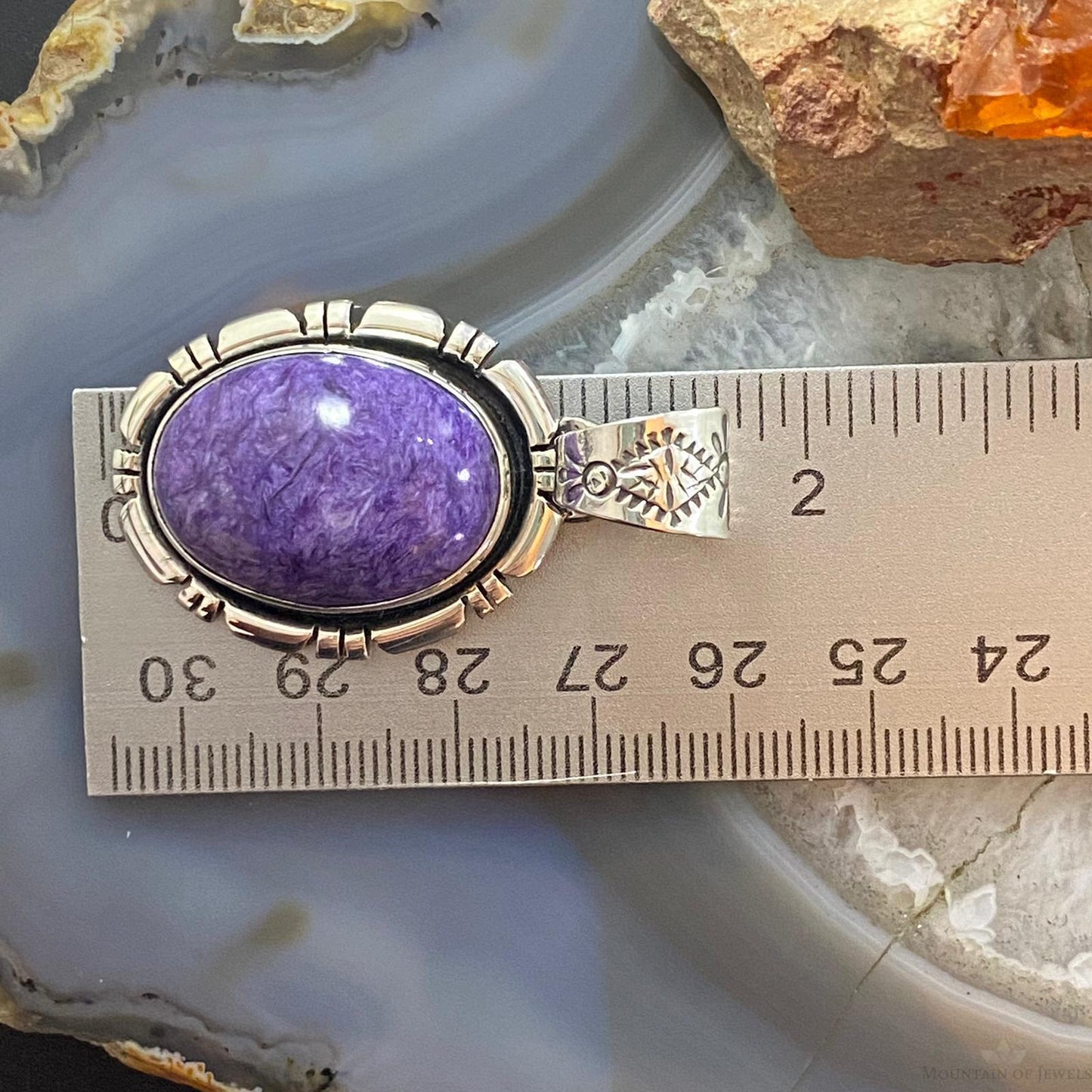Native American Sterling Silver Oval Charoite Decorated Pendant For Women