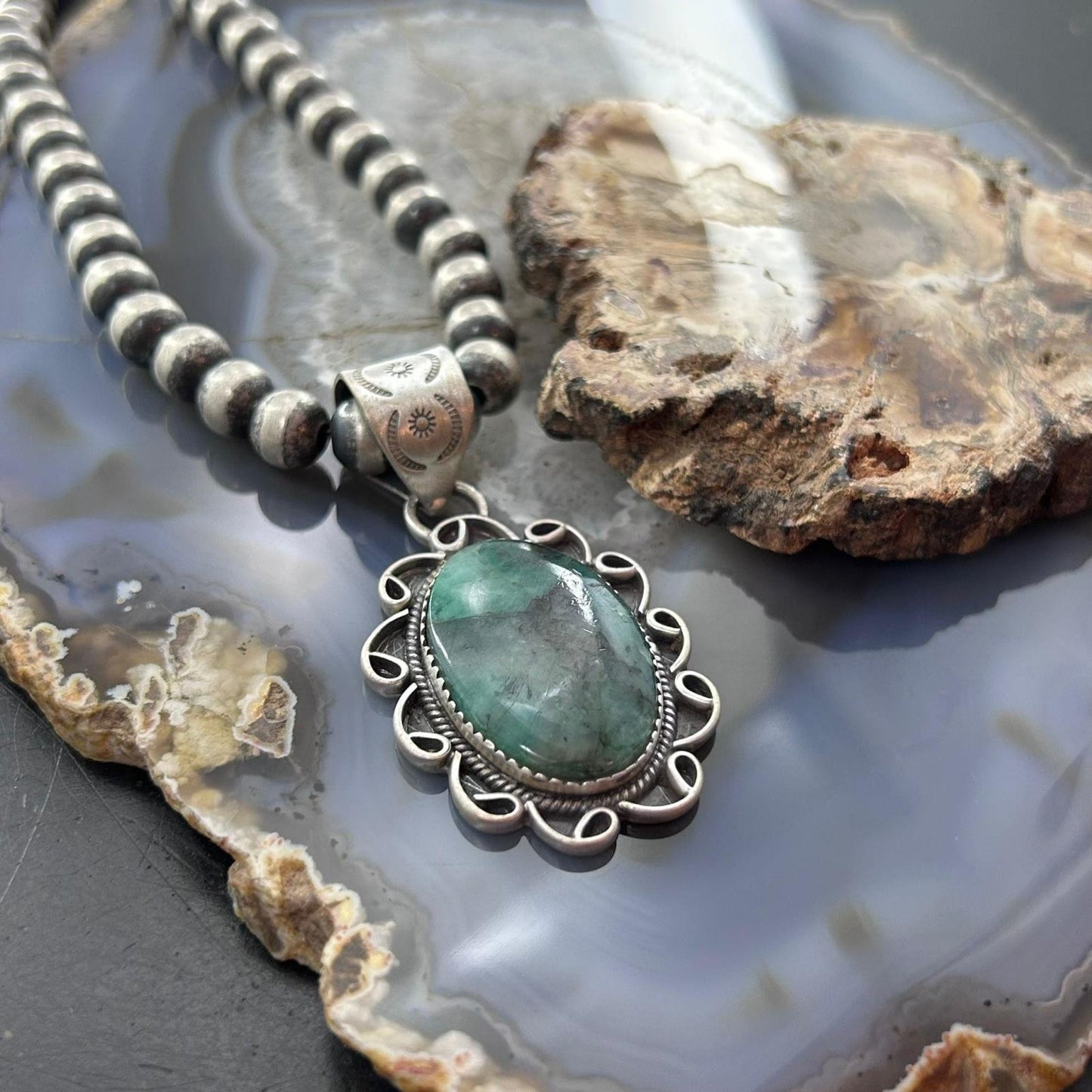 Sterling Silver Southwestern Style Oval Emerald Decorated Pendant For Women