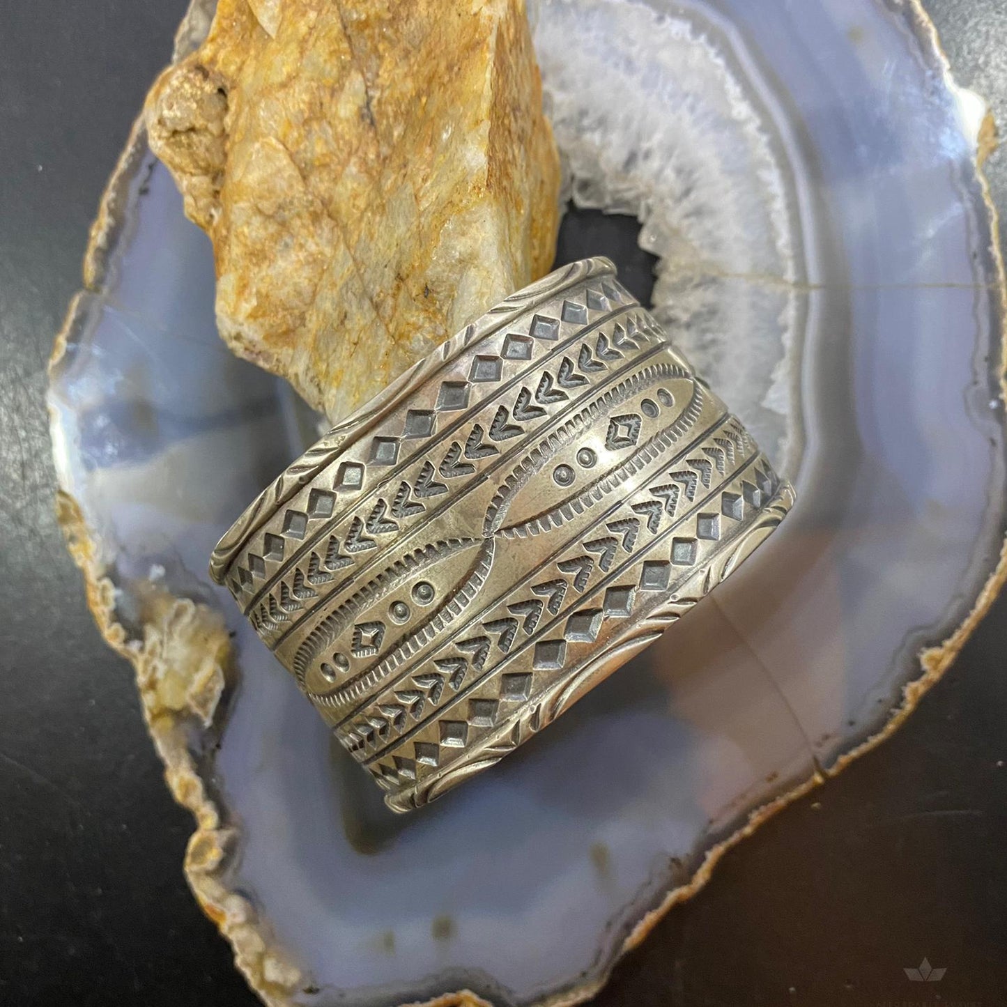 Tawney Cruz-Willie Native American Sterling Silver Wide Stamped Bracelet For Women #1