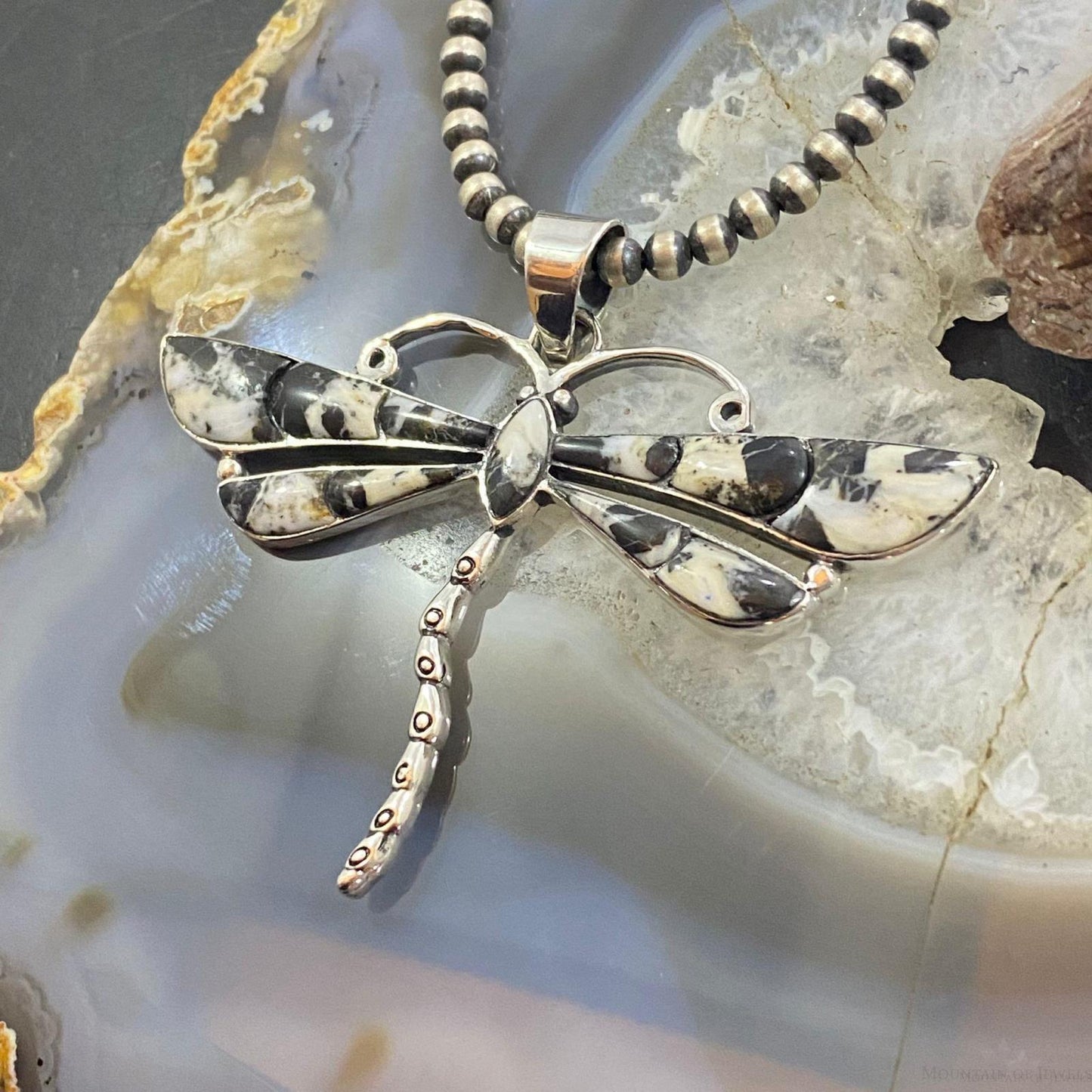 Native American Sterling Silver White Buffalo Inlay Dragonfly Pendant For Women