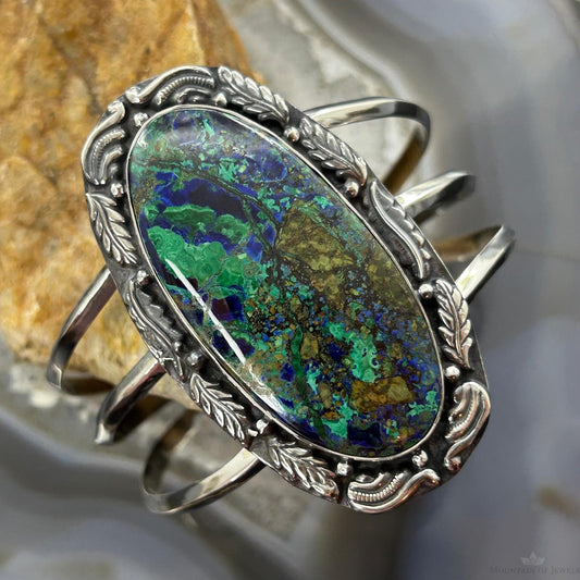 Sterling Silver Southwestern Style Large Oval Azurite Malachite Bracelet For Women