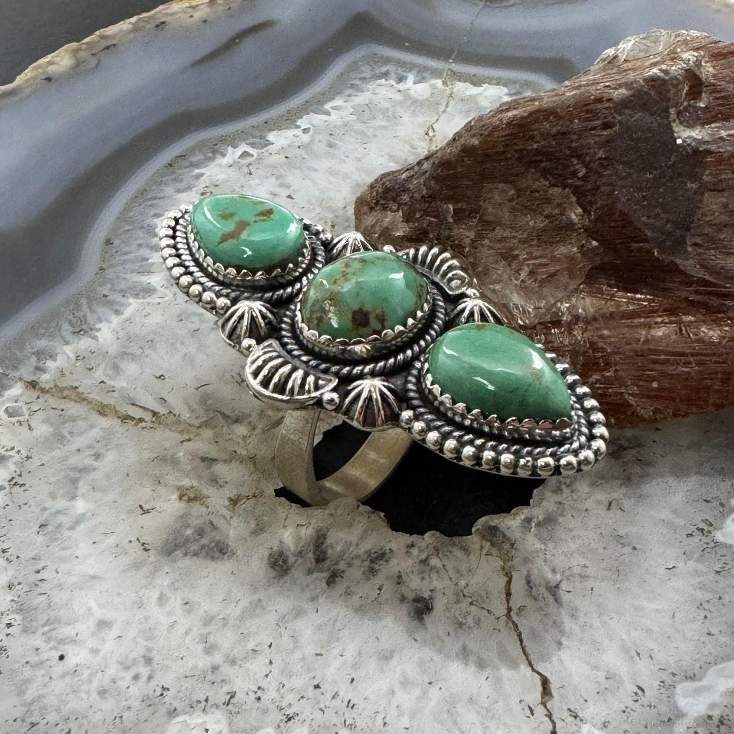 Sterling Silver Southwestern Style Oval & Teardrop Turquoise Adjustable Ring For Women