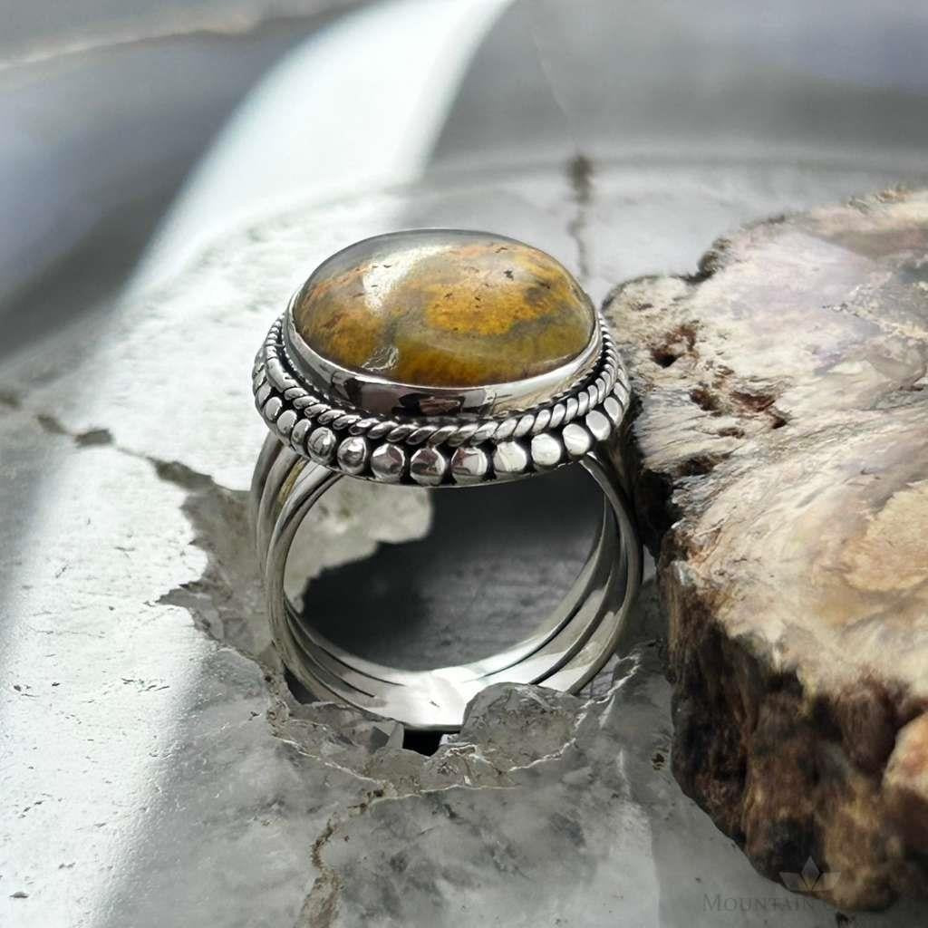 Sterling Silver Southwestern Style Oval Yellow Jasper Decorated Ring Size 6.75 For Women
