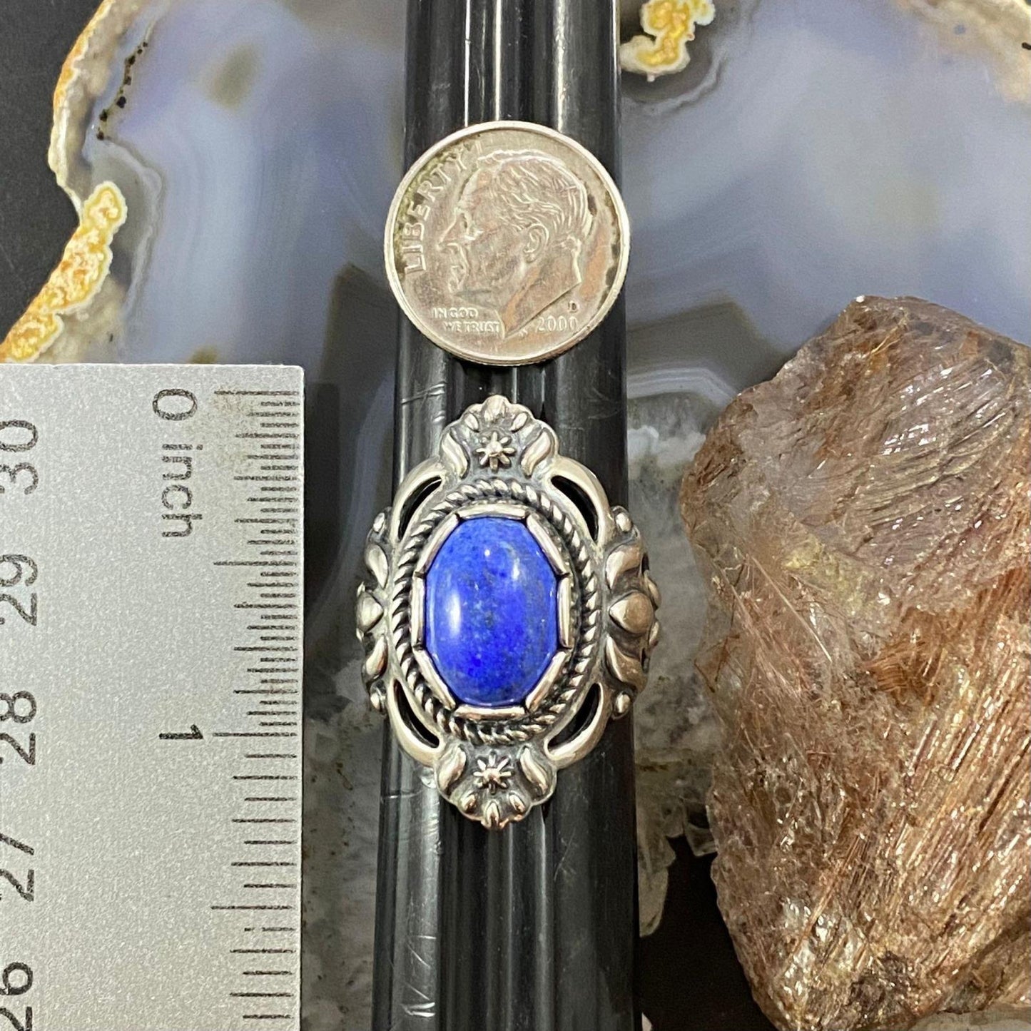 Carolyn Pollack Southwestern Style Sterling Silver Oval Denim Lapis Decorated Ring For Women