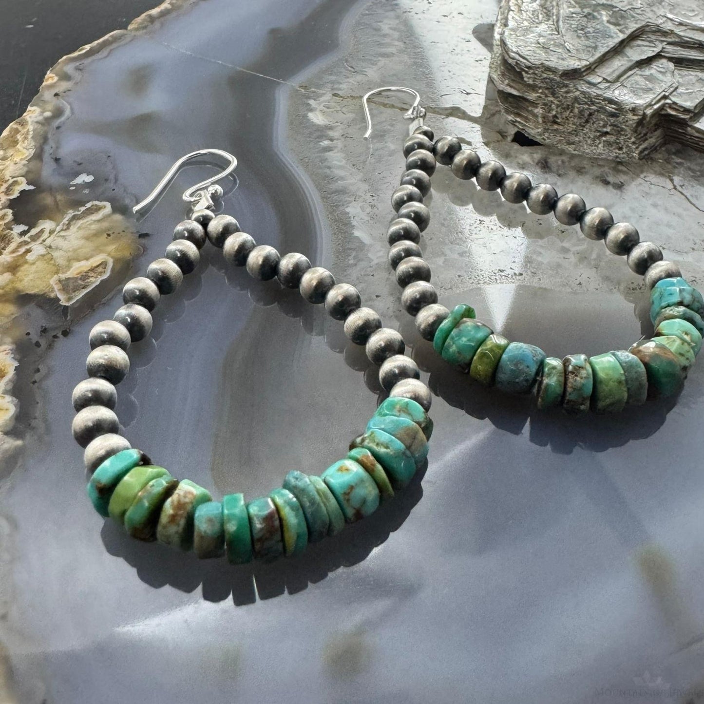 Sterling Silver 4mm Navajo Pearl Southwester Style & 6mm Turquoise Bead Hoop Earrings For Women