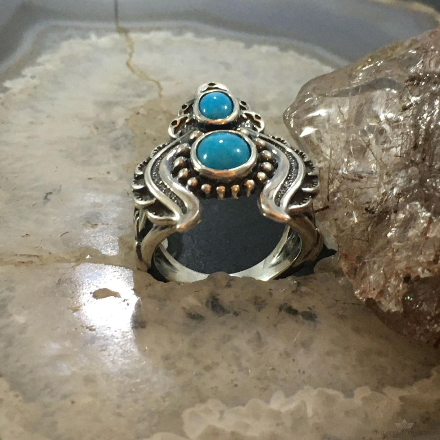 Carolyn Pollack Sterling Silver 2 Sleeping Beauty Turquoise Decorated Ring For Women