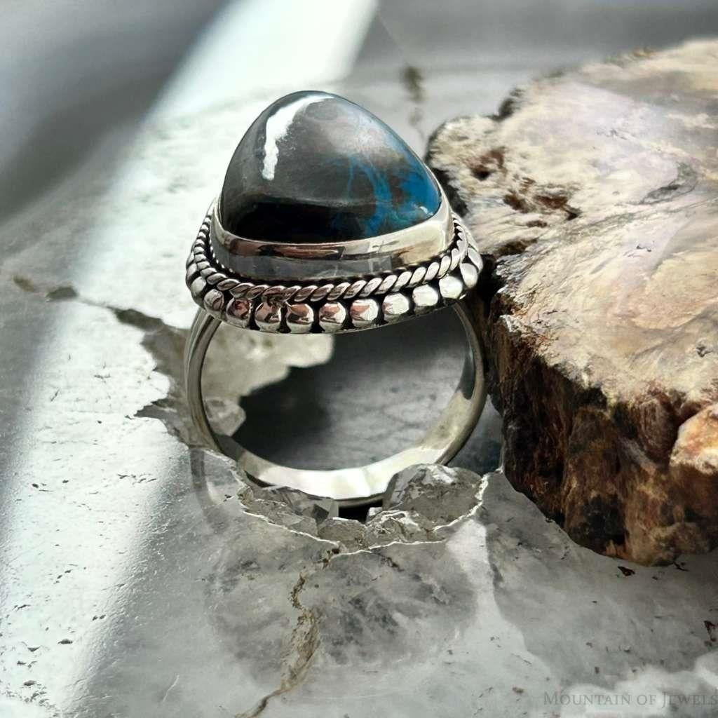 Sterling Silver Southwestern Style Teardrop Chrysocolla Decorated Ring Size 7.25 For Women