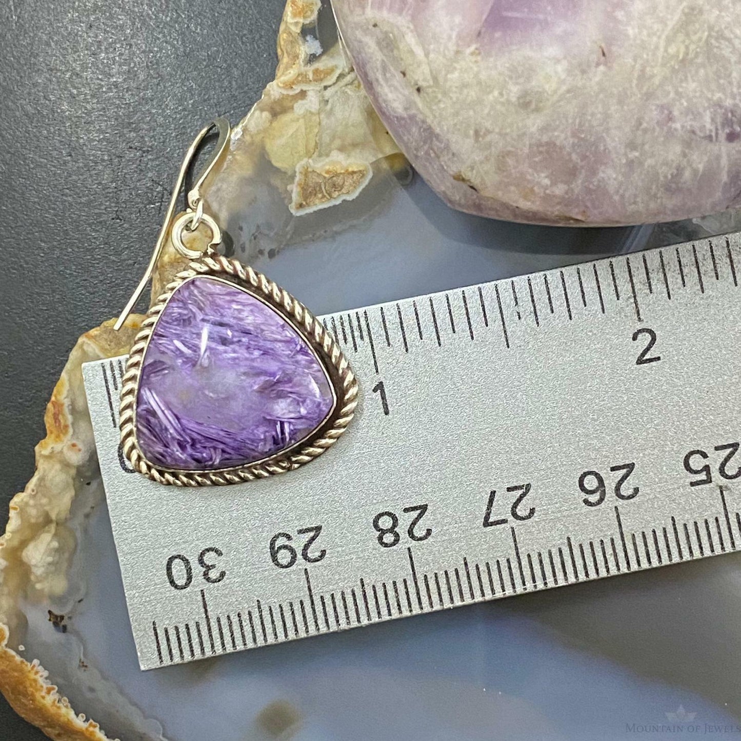 Native American Sterling Silver Triangle Charoite Dangle Earrings For Women