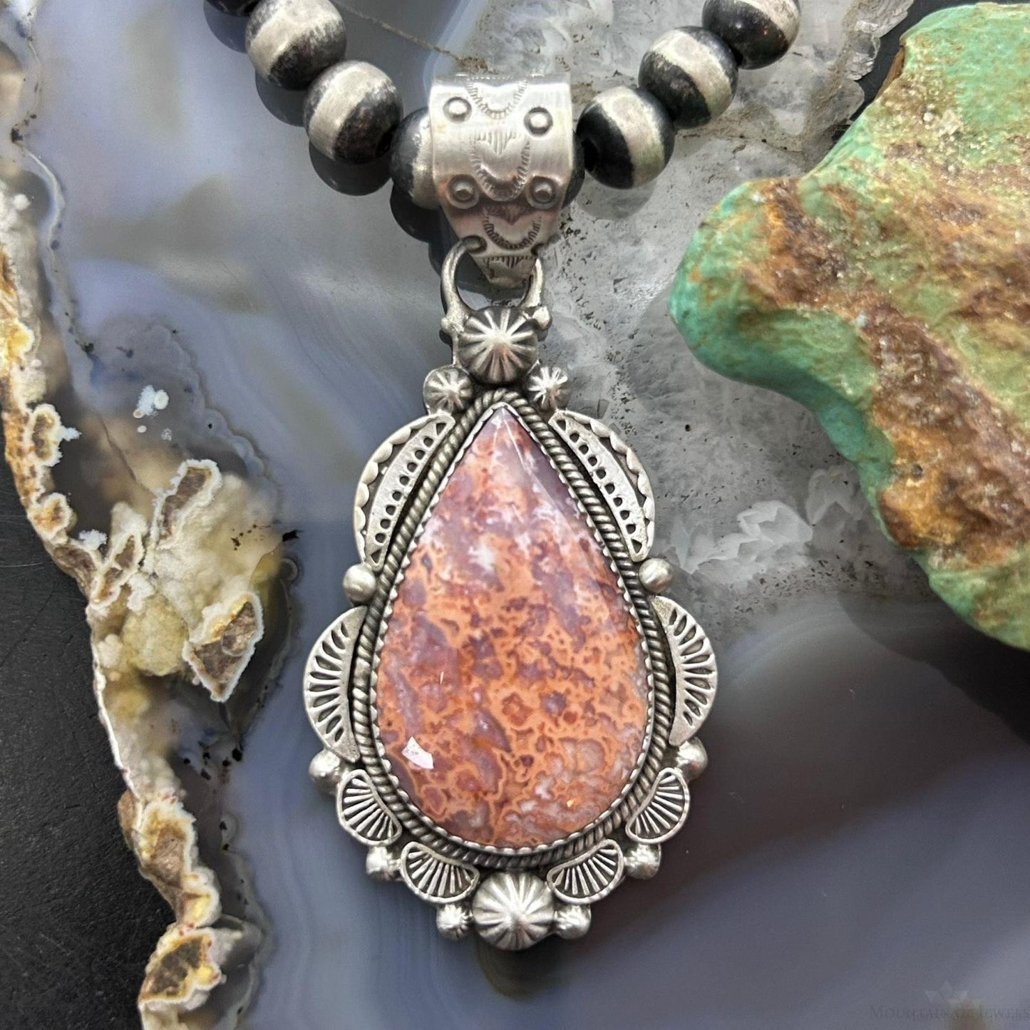Sterling Silver Southwestern Style Teardrop Red Plum Jasper Decorated Pendant For Women