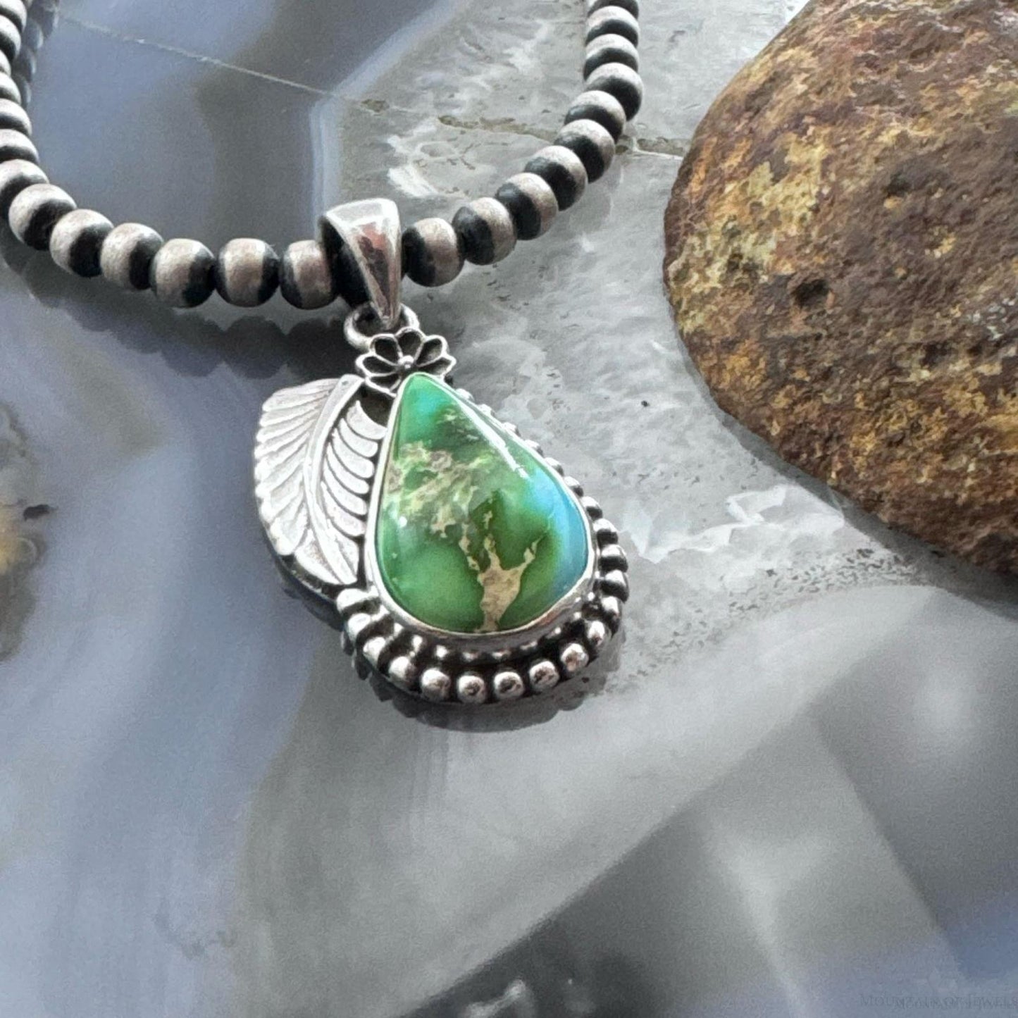 Sterling Silver Southwestern Style Sonora Gold Turquoise Leaf Decorated Pendant For Women