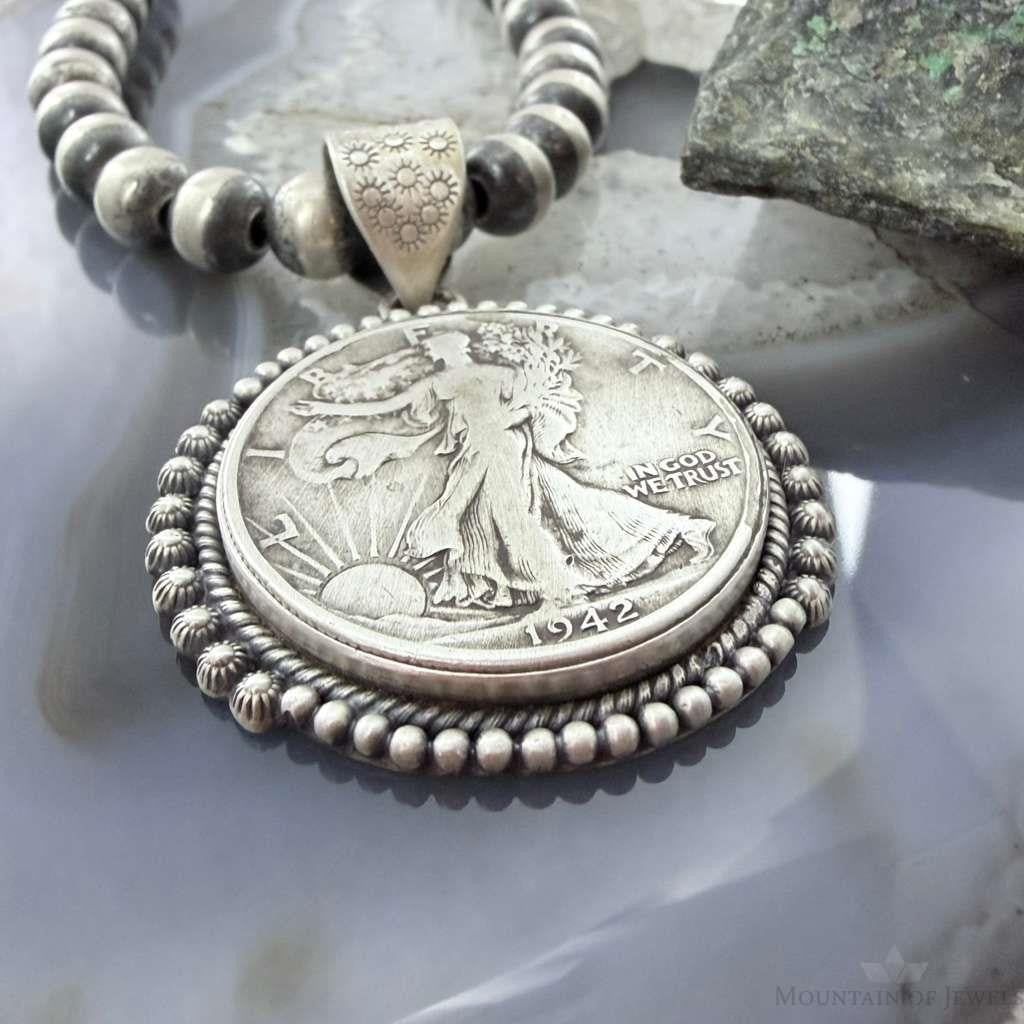 Genuine 90% Silver 1942 US Walking Liberty Half Dollar Decorated Unisex Pendant