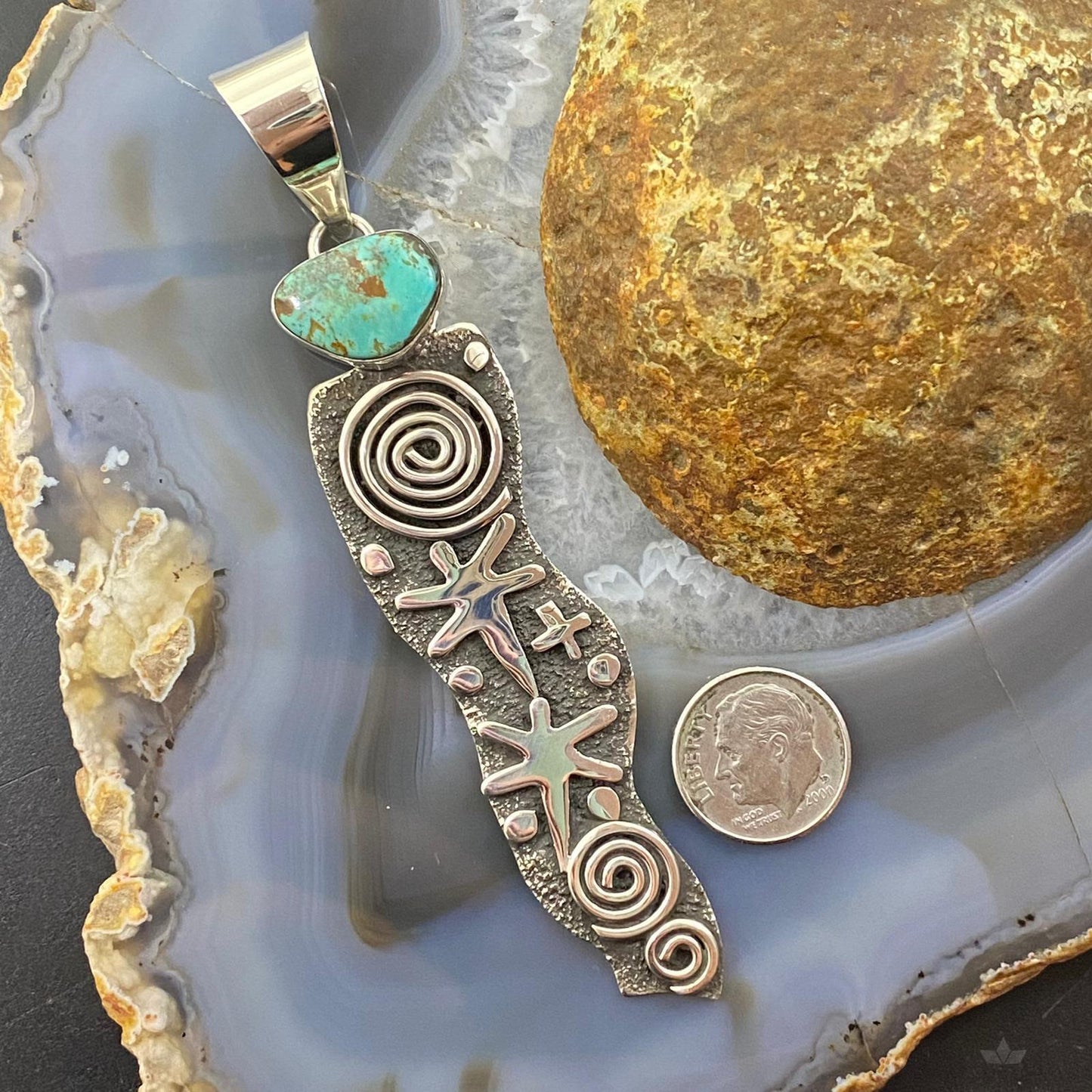 Alex Sanchez Native American Sterling Silver Petroglyph & Turquoise Long Unisex Pendant