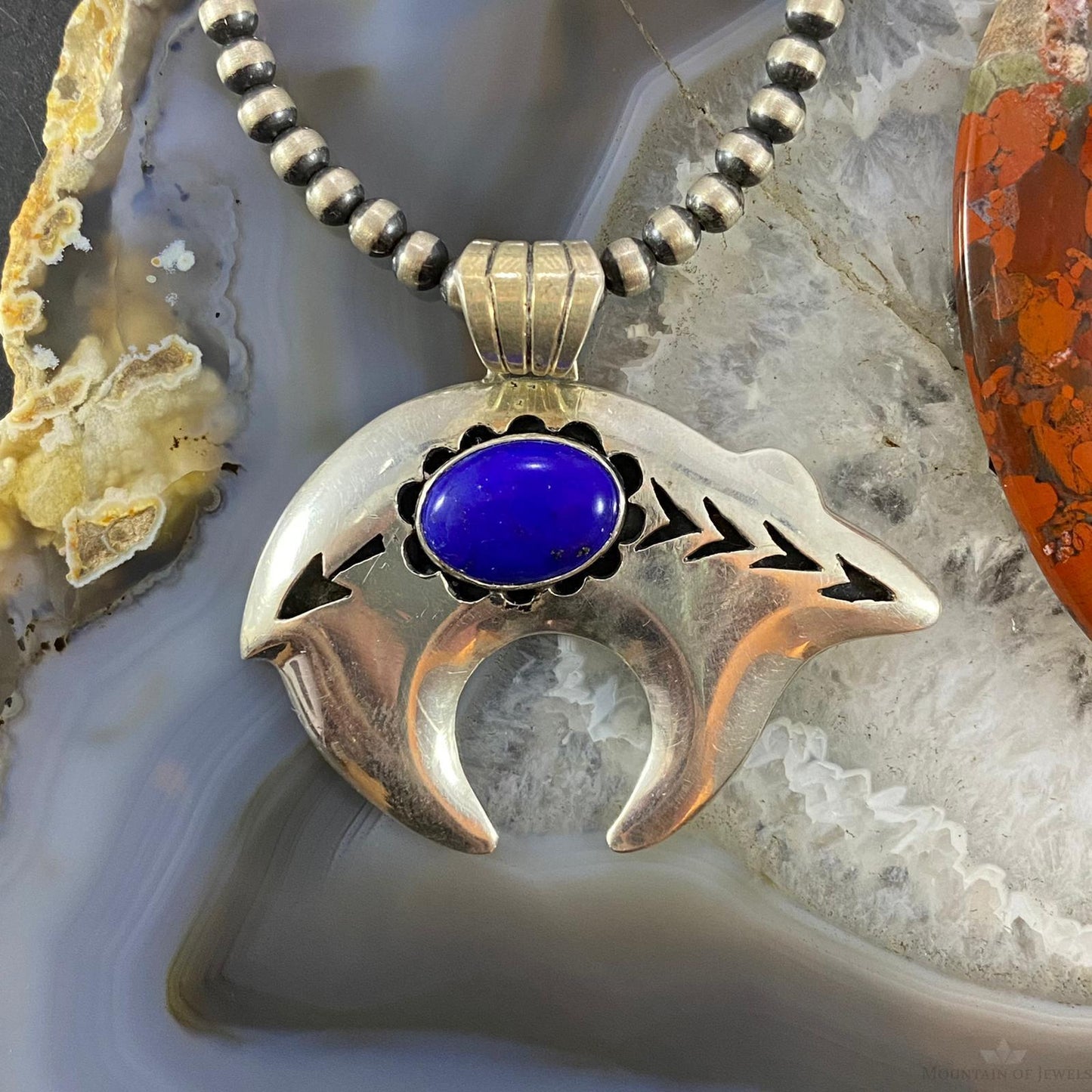 Native American Sterling Silver Fetish Bear with Oval Lapis Pendant For Women