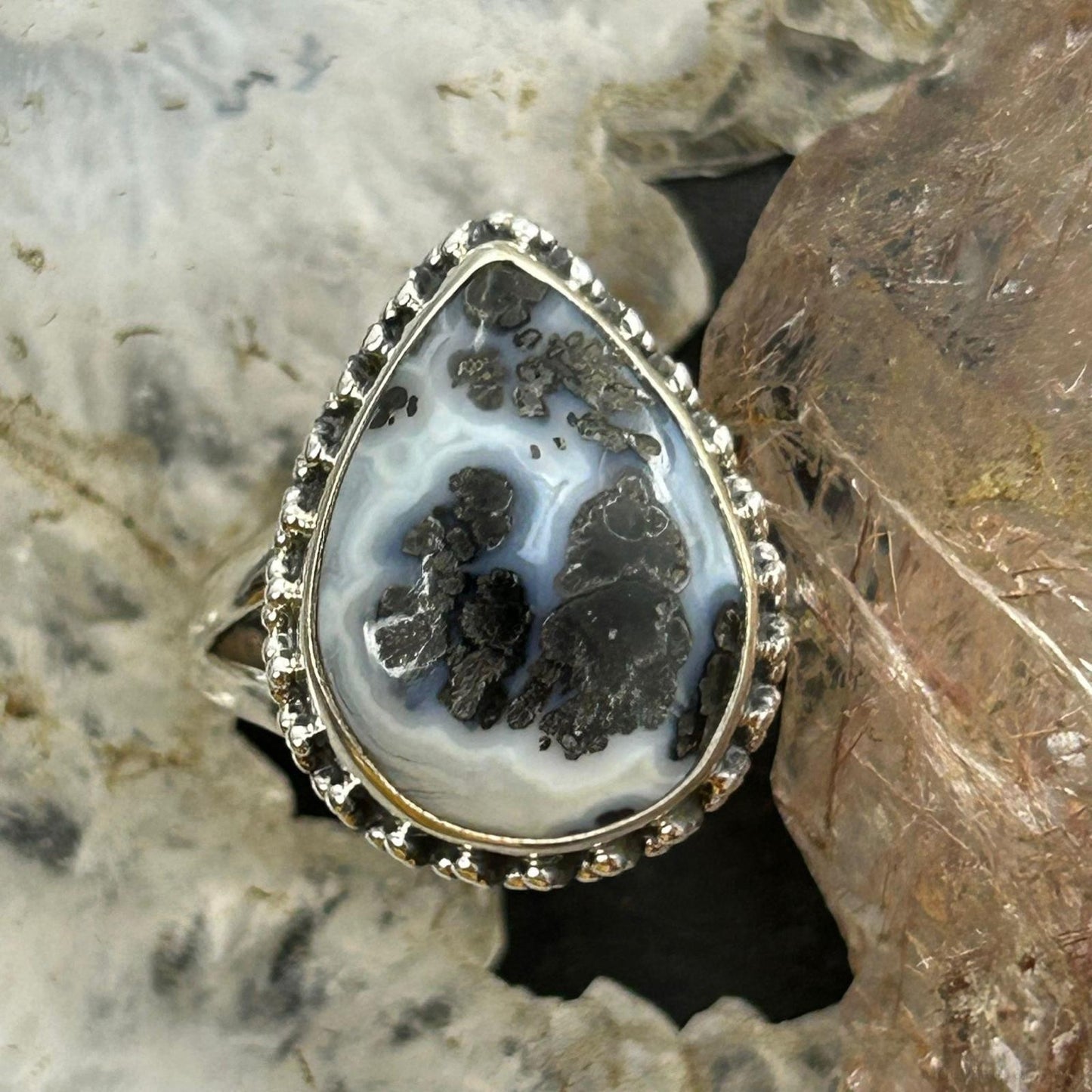 Sterling Silver Southwestern Style Teardrop Parral Dendritic Agate Ring Size 8 For Women