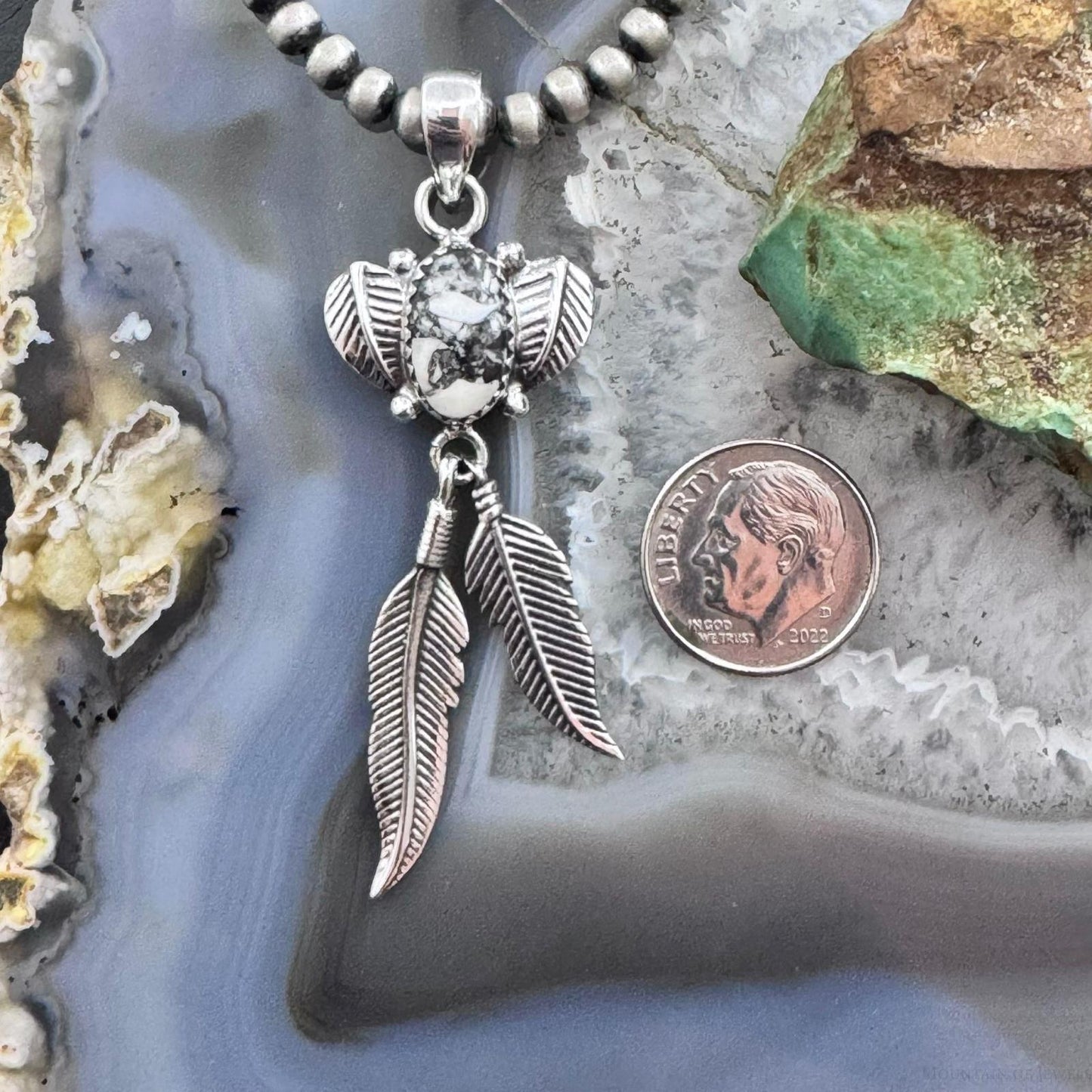 Sterling Silver Southwestern Style White Buffalo Feathers w/Leaves Pendant For Women