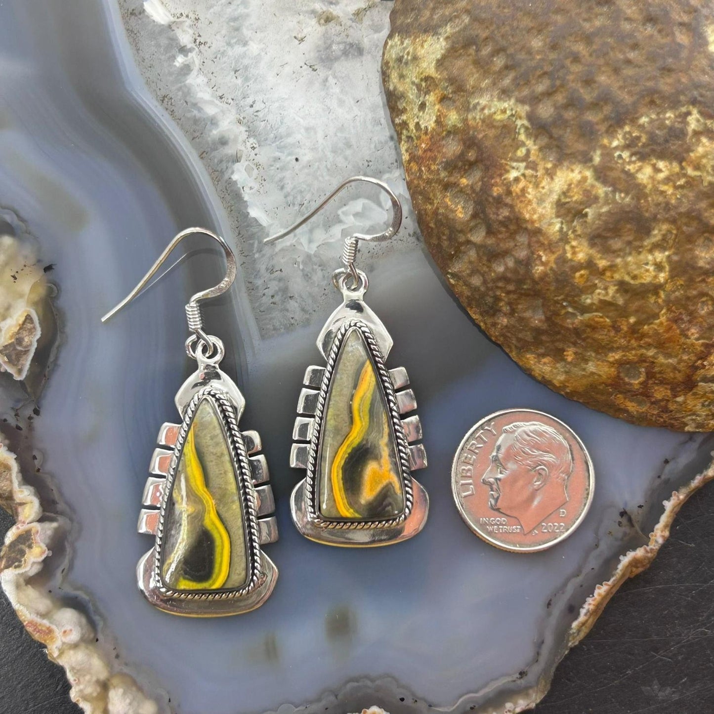 Sterling Silver Southwestern Style Triangle Yellow Jasper Dangle Earrings For Women
