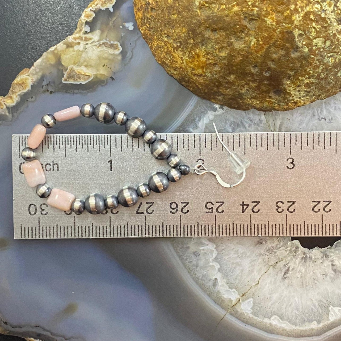 Navajo Pearl Bead & Peruvian Opal 4-6mm Sterling Silver Hoop Dangle Earrings #1