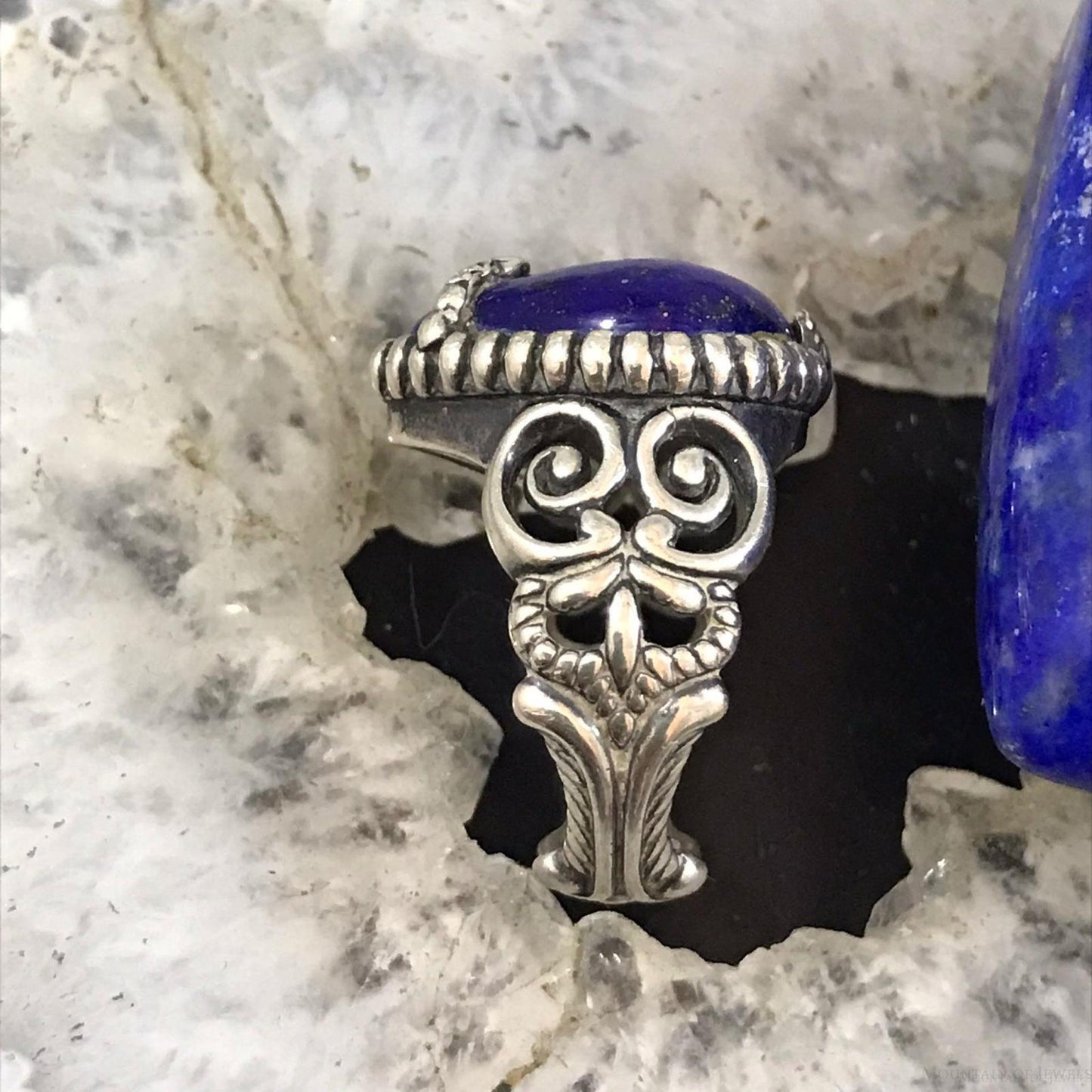 Carolyn Pollack Sterling Silver Wide Pear Lapis Decorated Ring Size 6.5 For Women