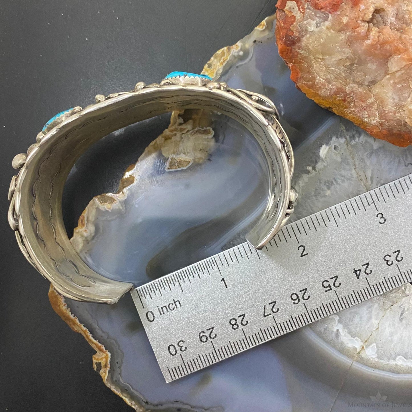 Native American Sterling Silver Turquoise & Coral Leaf Decorated Bracelet For Men