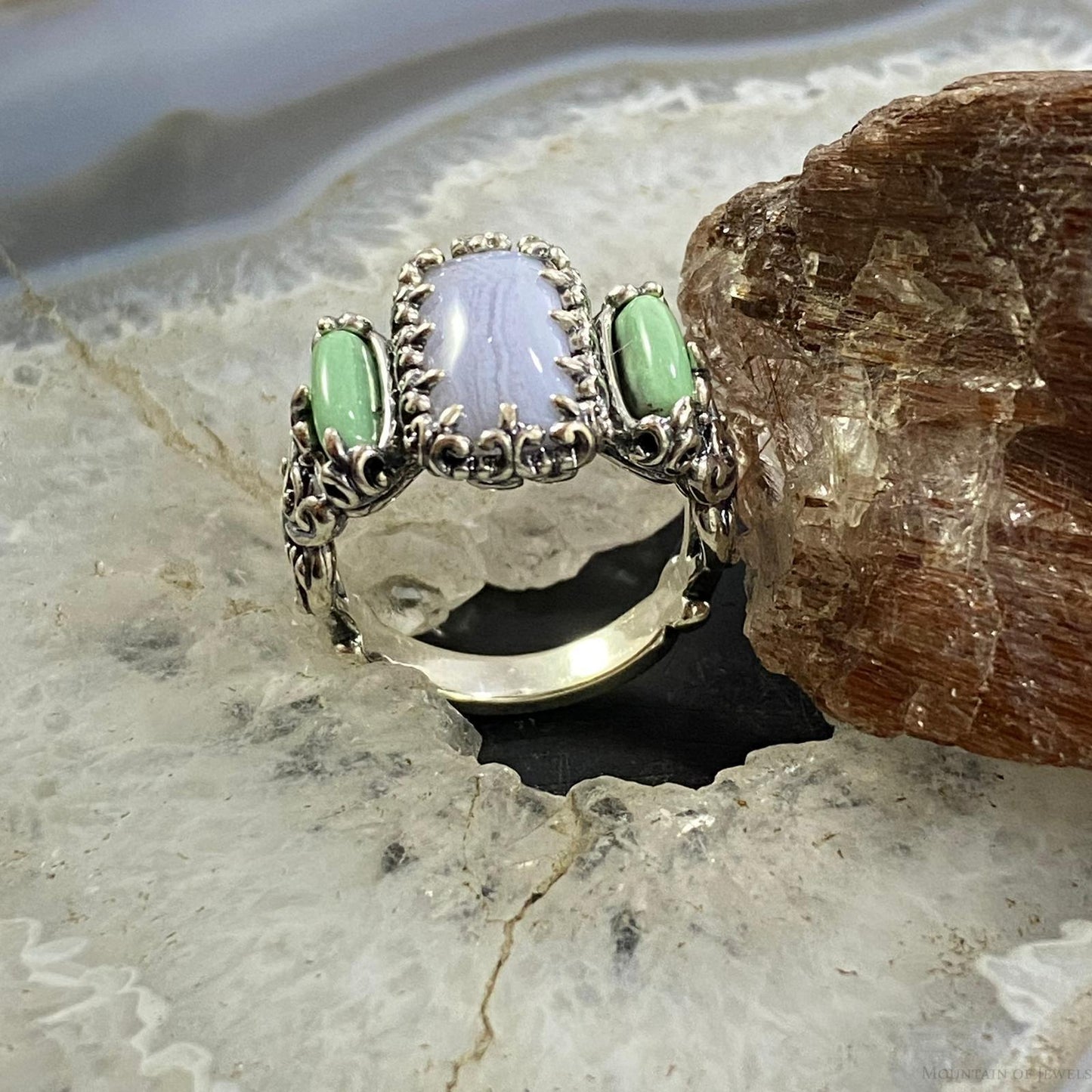 Carolyn Pollack Southwestern Style Sterling Silver Blue Lace Agate & Green Variscite Ring For Women