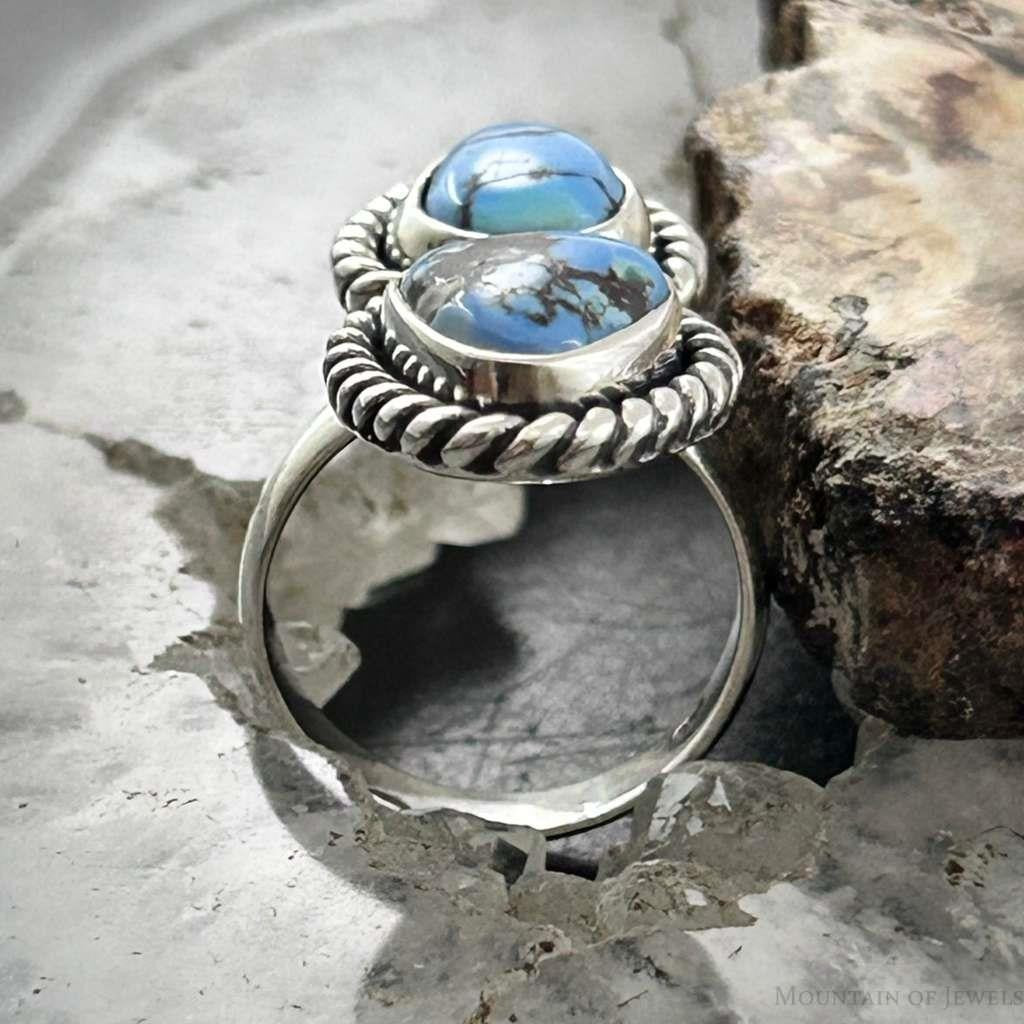 Sterling Silver Southwestern Style Double Golden Hill Turquoise Ring Size 5 For Women
