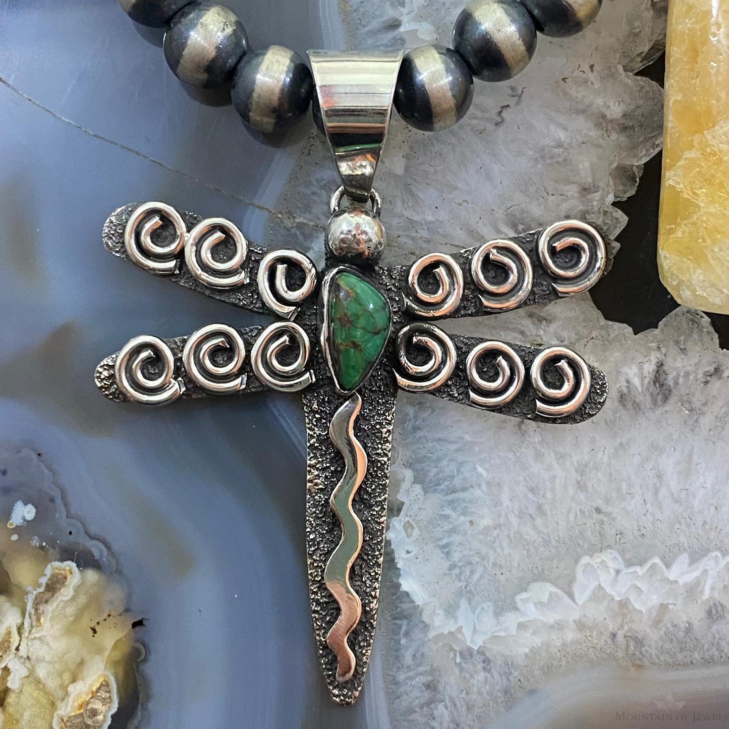 Alex Sanchez Sterling Silver Petroglyph & Turquoise Dragonfly Unisex Pendant #2