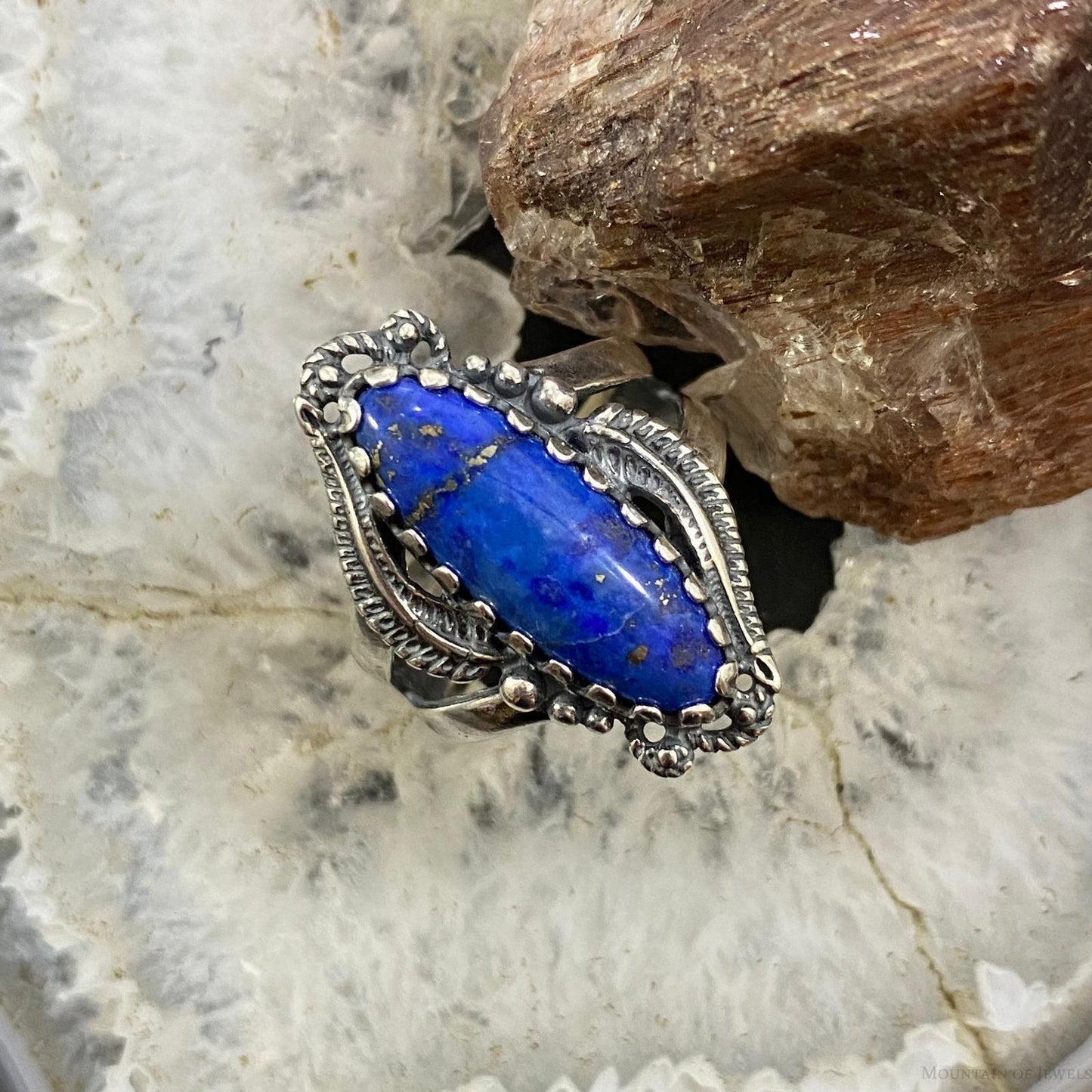 Carolyn Pollack Southwestern Style Sterling Silver Marquise Denim Lapis Decorated Ring For Women, Variety of Sizes