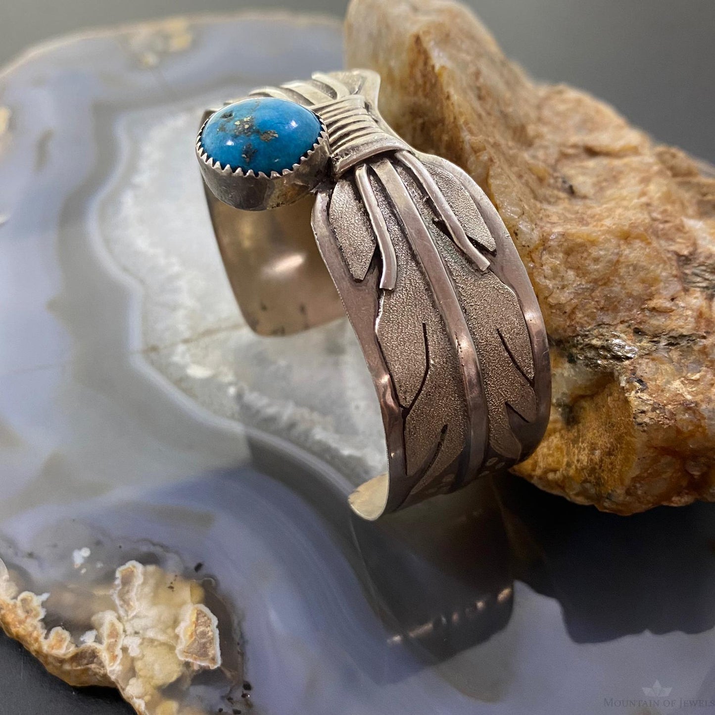 Vintage Signe Native American Sterling Silver Turquoise Overlay Texture Bracelet For Women