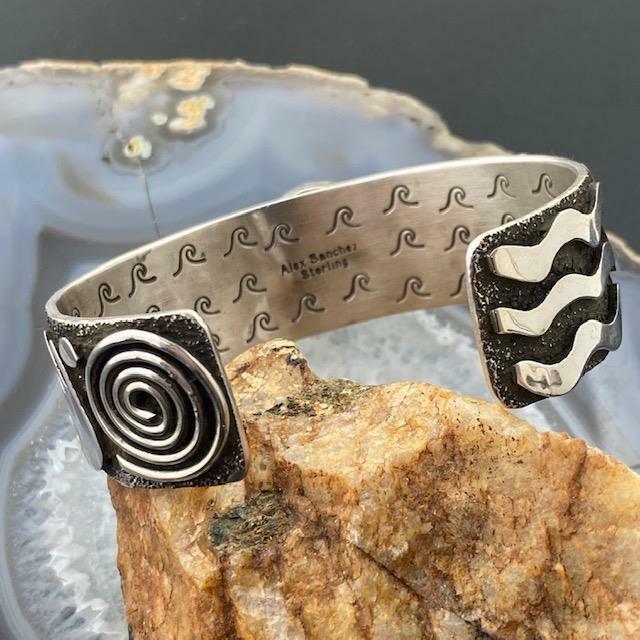 Alex Sanchez Native American Sterling Silver Turquoise and Petroglyph Bracelet For Women