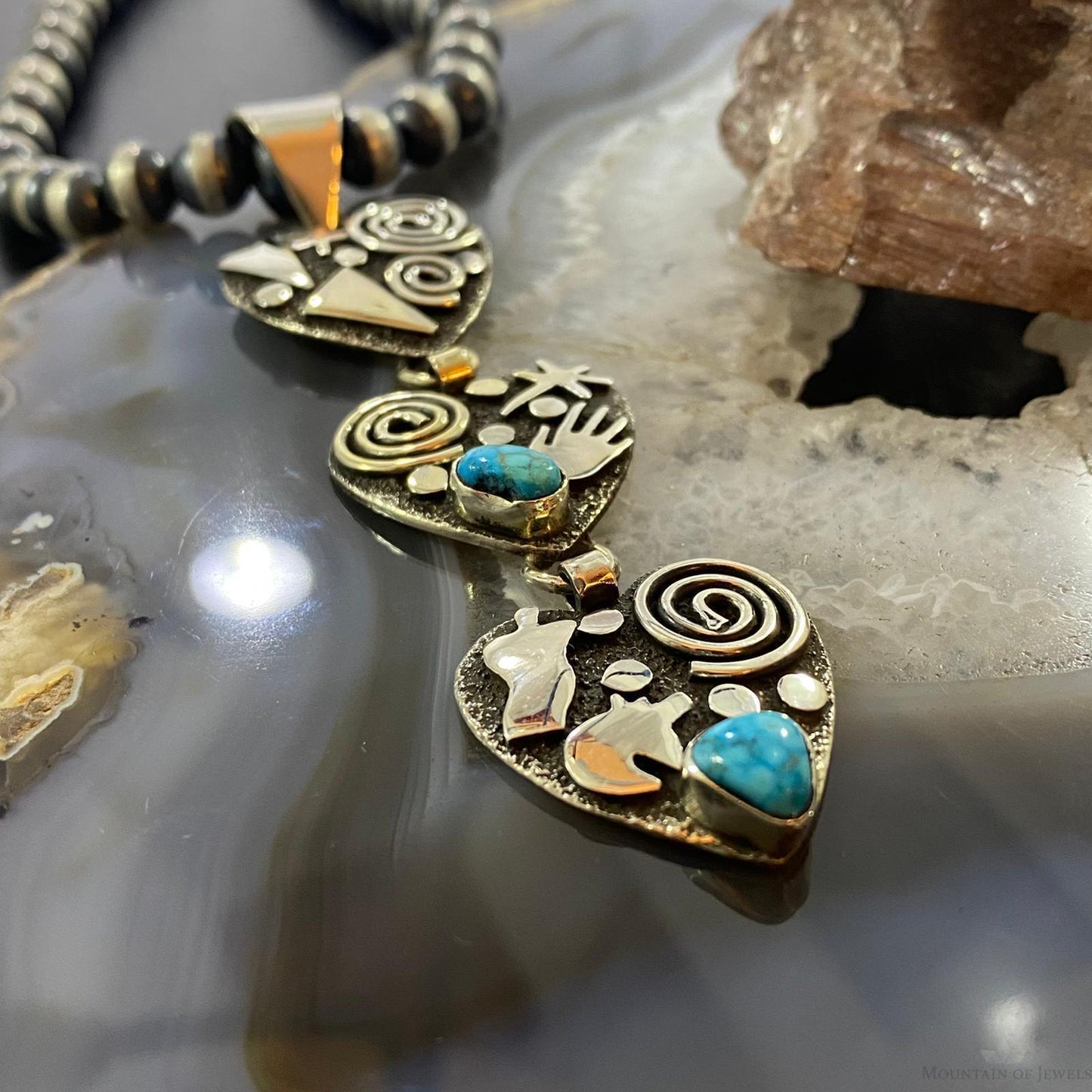 Alex Sanchez Native American Sterling Silver Triple Petroglyph Heart w/Turquoise Pendant For Women #5
