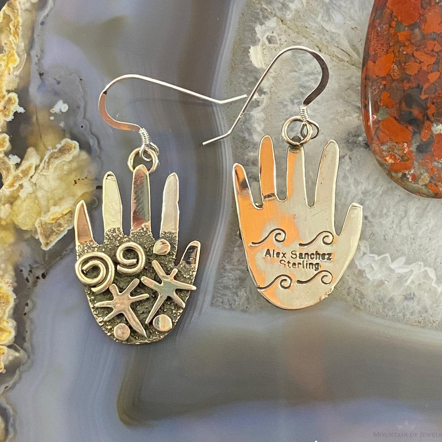 Alex Sanchez Native American Sterling Silver Ancestors Hand Petroglyph Dangle Earrings For Women #1