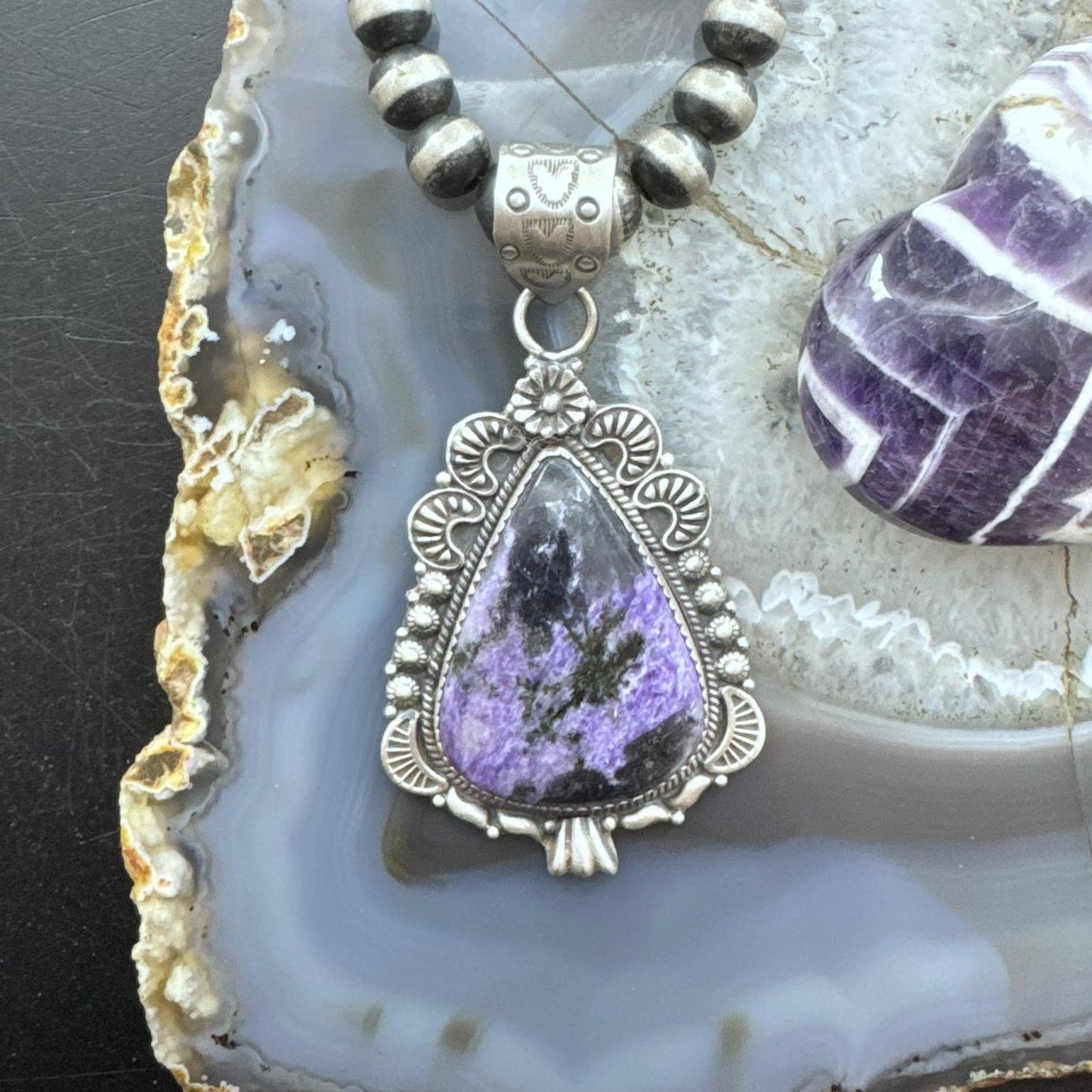 Sterling Silver Southwestern Style Elongated Teardrop Purple Charoite Pendant For Women