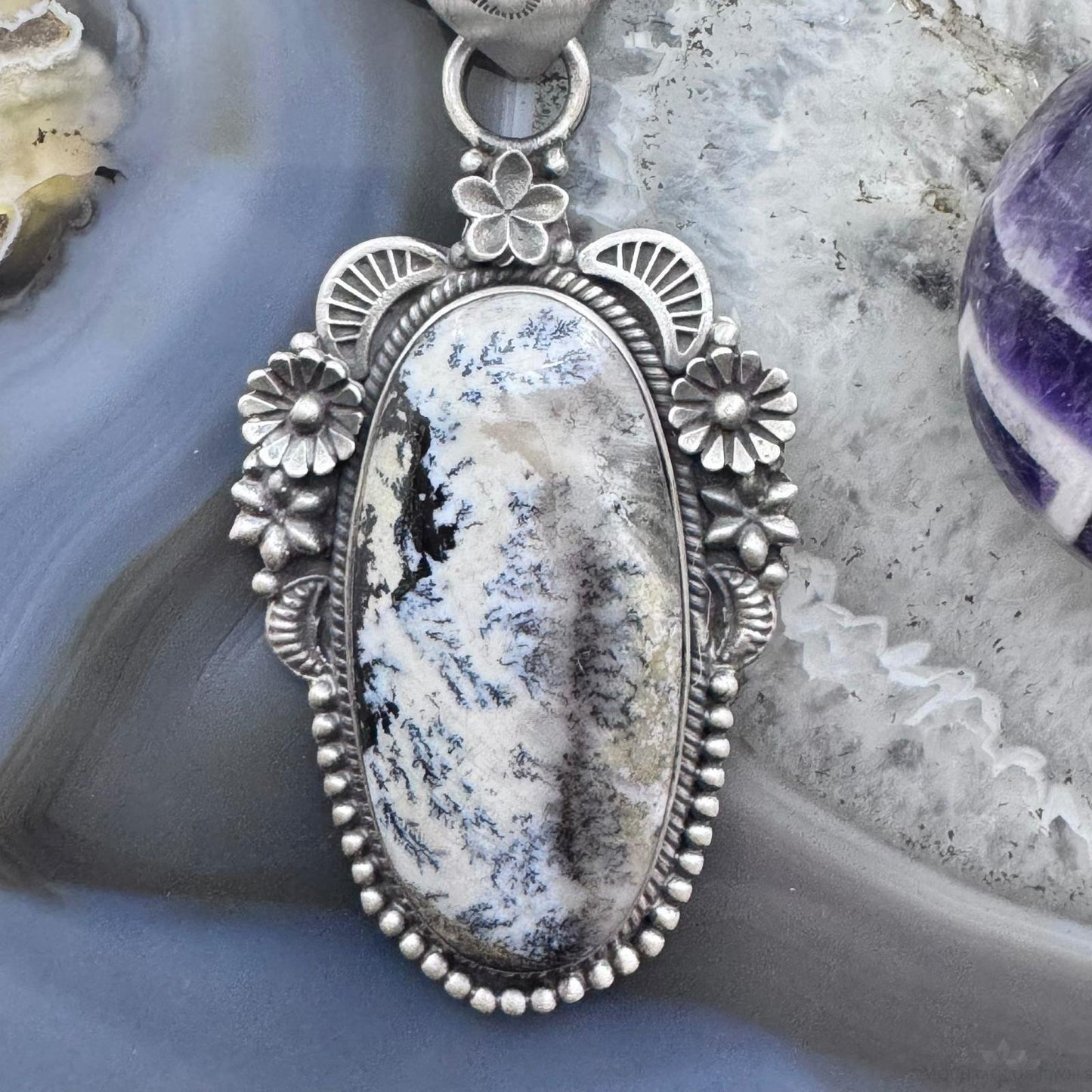 Sterling Silver Southwestern Style Elongated Oval Dendritic Agate Decorated Pendant For Women