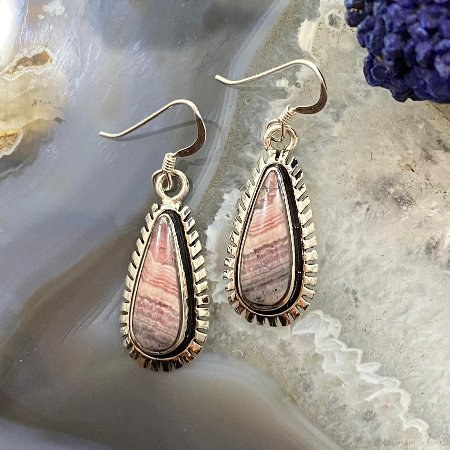 Native American Sterling Silver Teardrop Rhodochrosite Dangle Earrings For Women