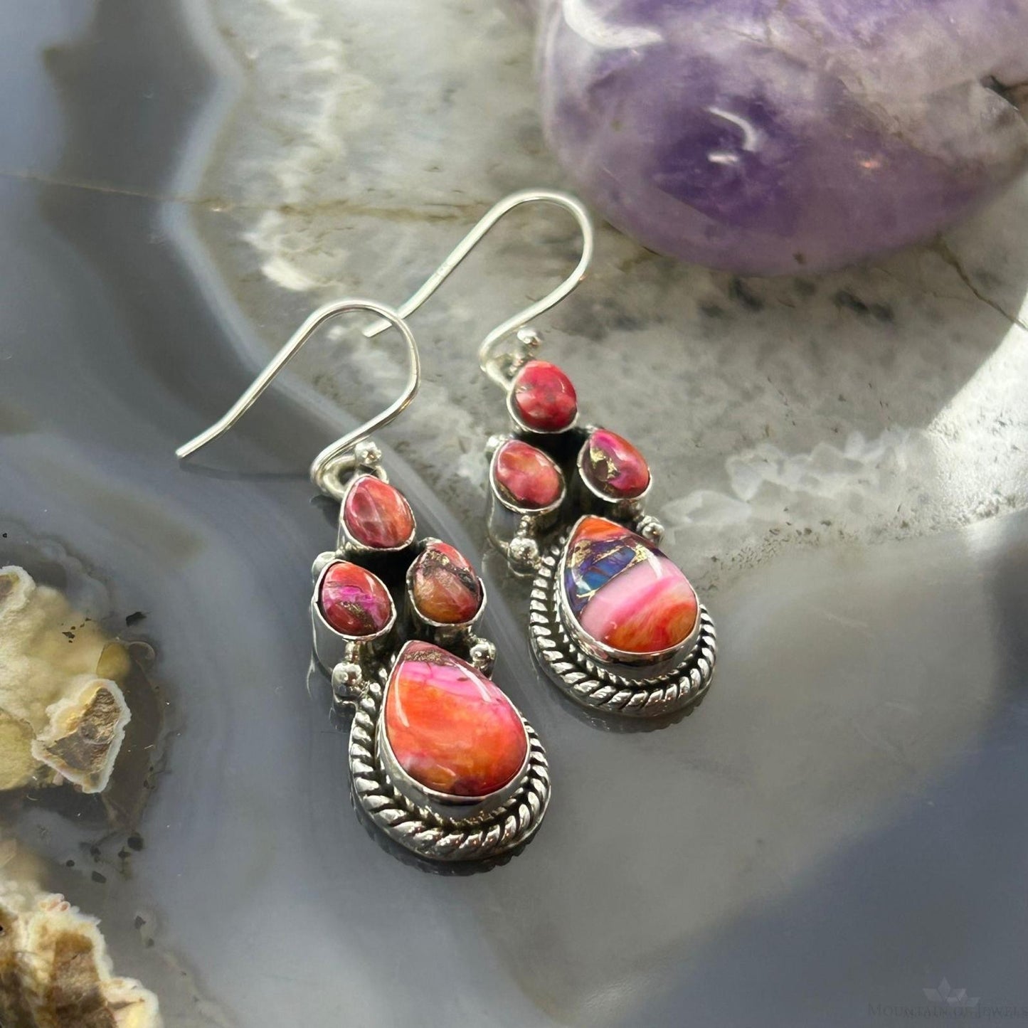 Sterling Silver Southwestern Style Multistone Dahlia Dangle Earrings For Women