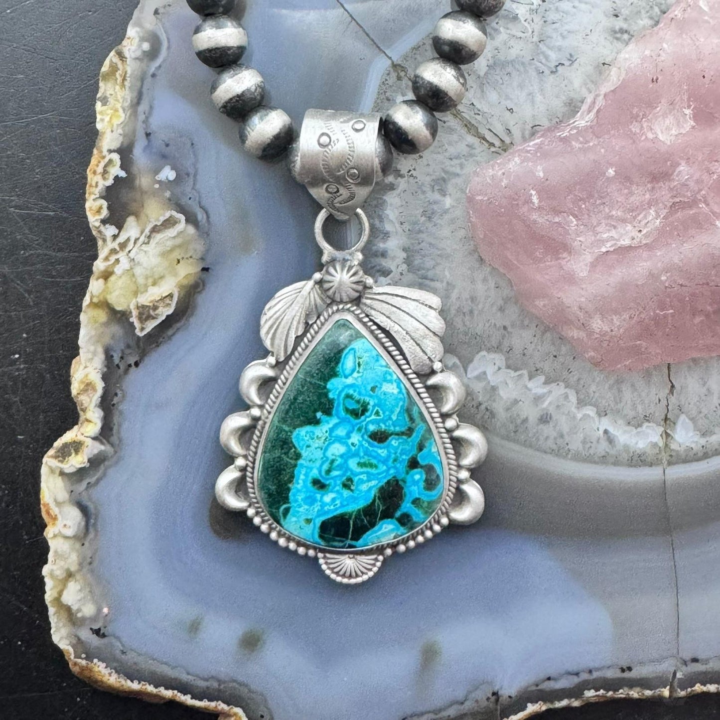 Sterling Silver Southwestern Style Large Teardrop Azurite Malachite Decorated Pendant For Women
