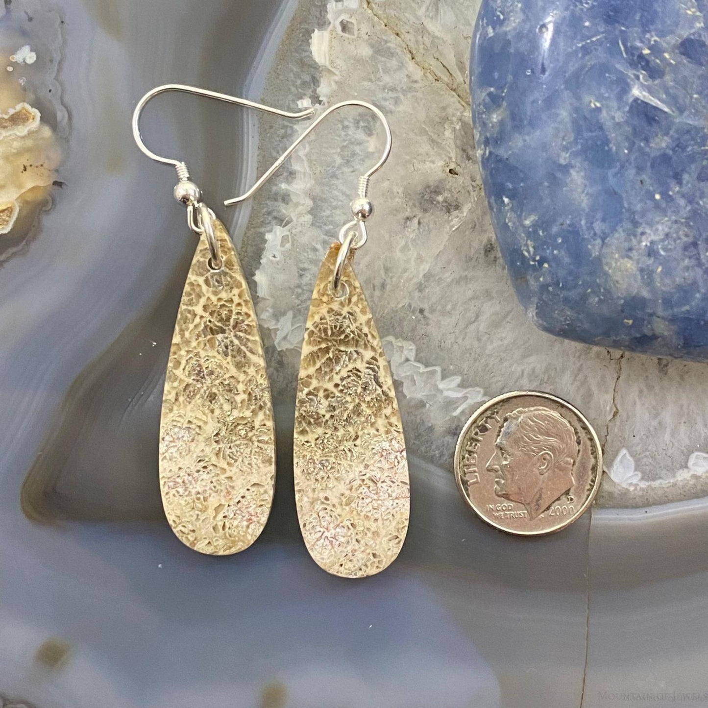 Sterling Silver Teardrop Fossilized Coral Slab Dangle Earrings For Women #067