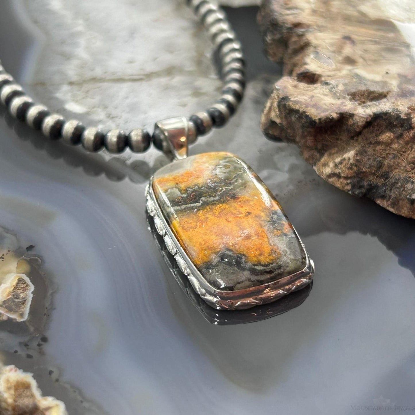 Sterling Silver Southwestern Style Rectangle Yellow Jasper Pendant For Women