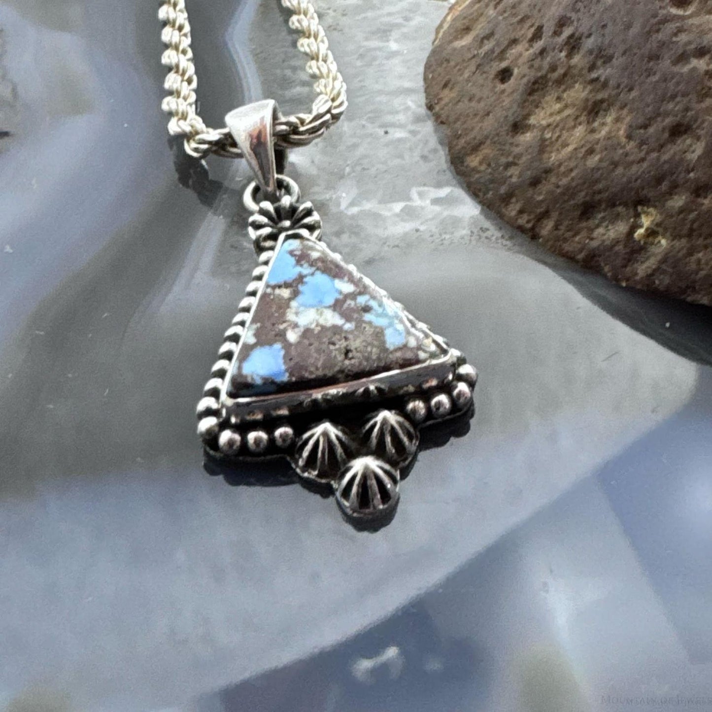 Sterling Silver Southwestern Style Triangle Golden Hill Turquoise Decorated Pendant For Women