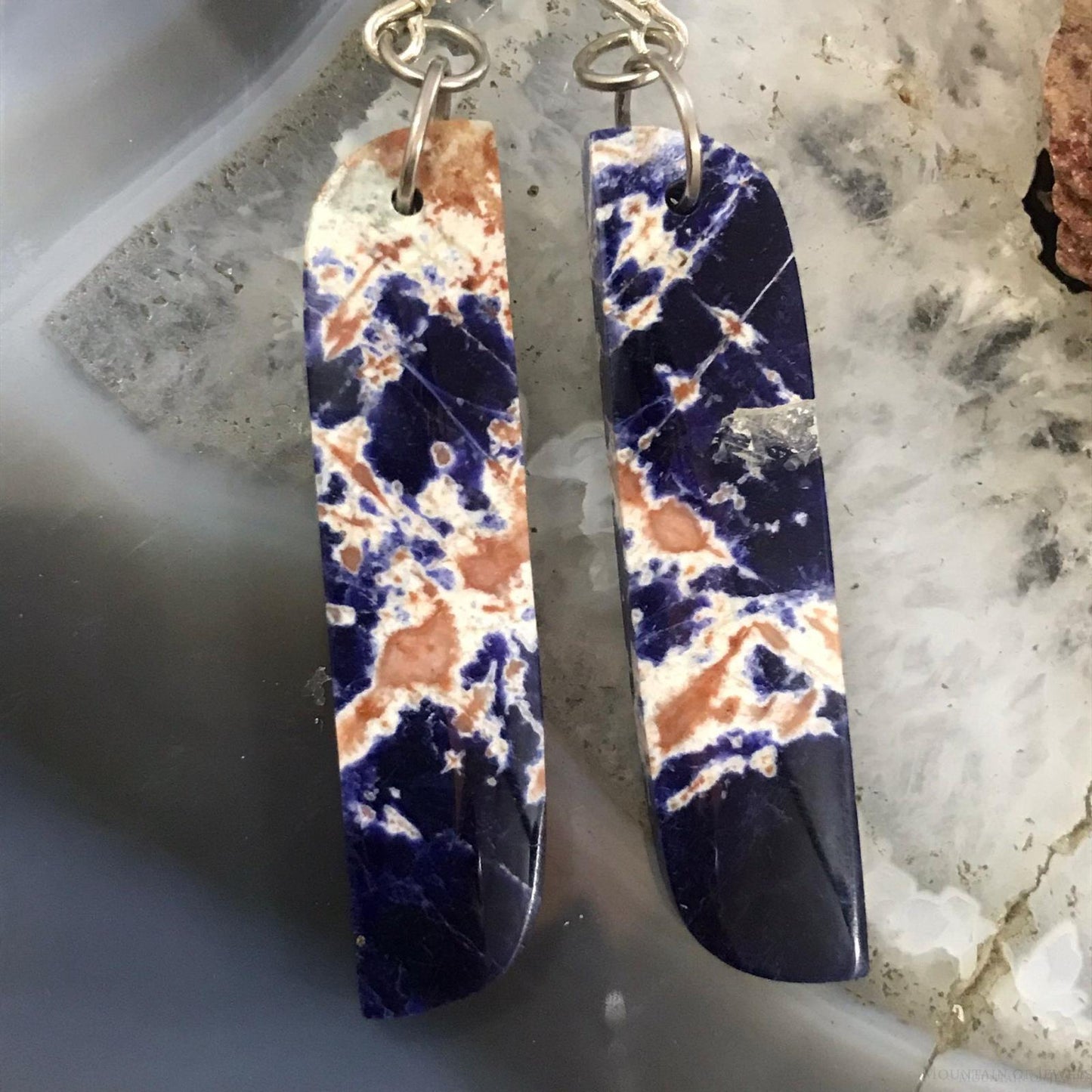Sterling Silver Elongated Tilde Shape Blue Sodalite Slab Dangle Earrings For Women #217
