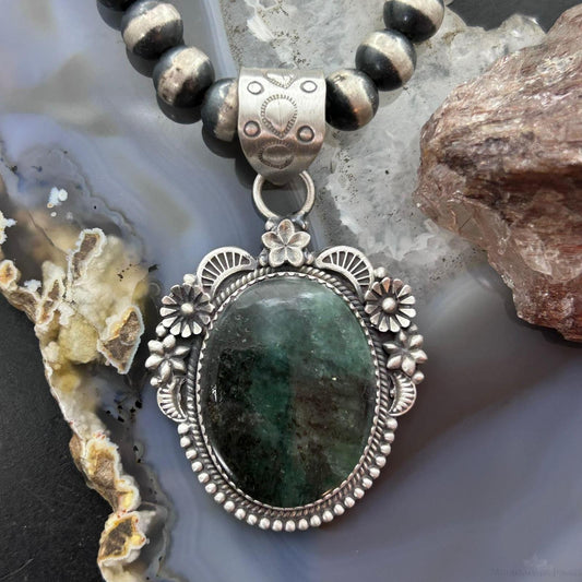 Sterling Silver Southwestern Style Oval Dark Emerald Decorated Pendant For Women
