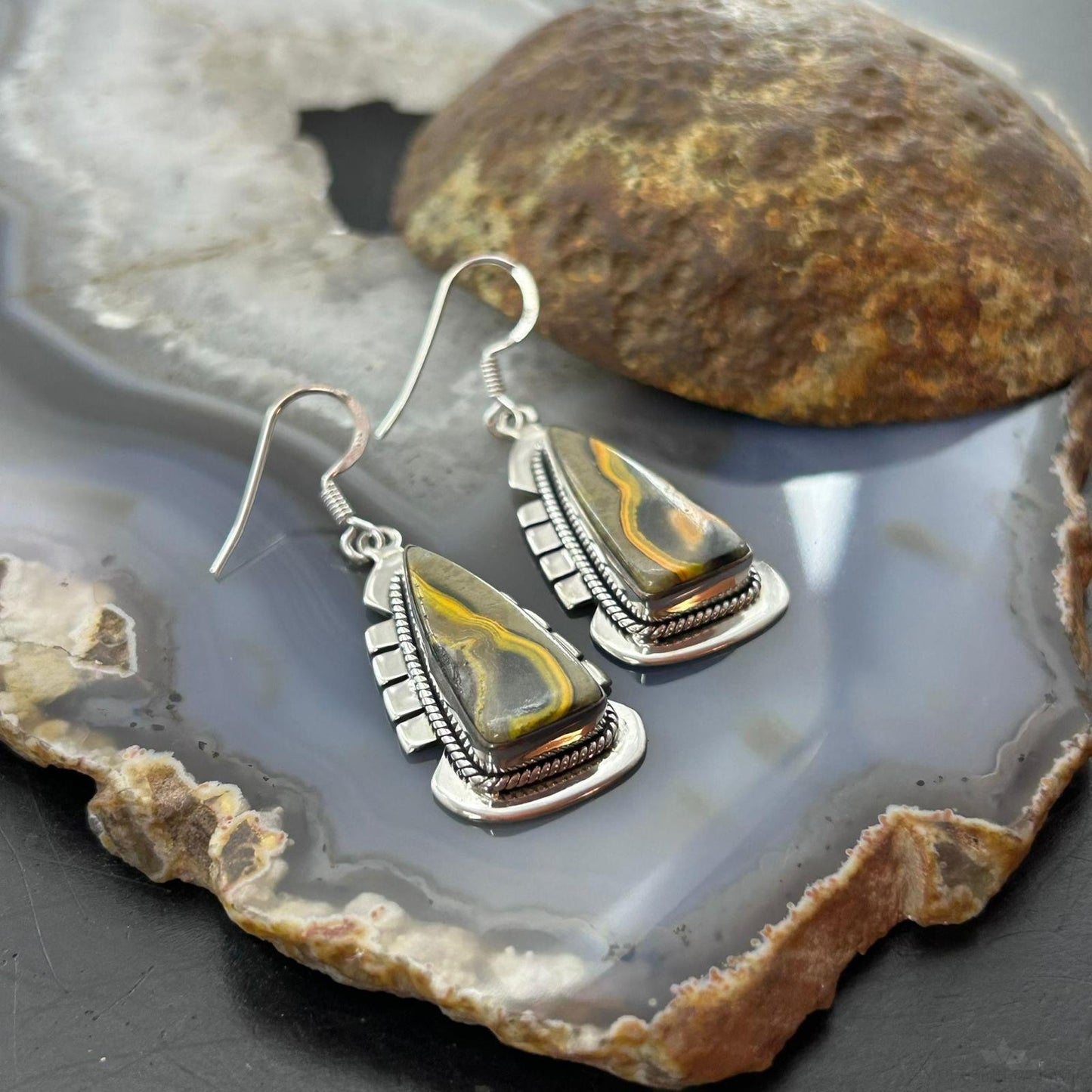 Sterling Silver Southwestern Style Triangle Yellow Jasper Dangle Earrings For Women