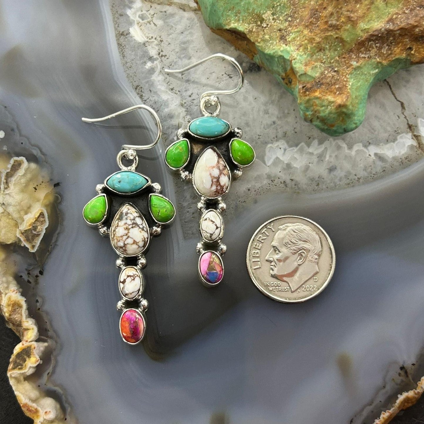 Sterling Silver Southwestern Style Multistone Dangle Earrings For Women #6