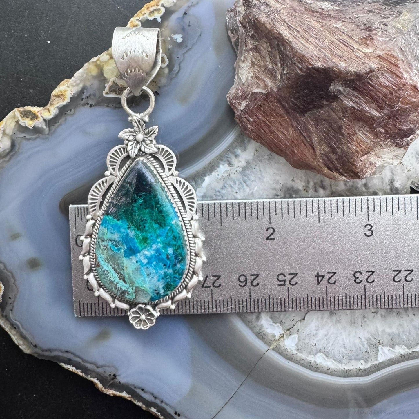 Sterling Silver Southwestern Style Elongated Teardrop Shattuckite Decorated Pendant For Women