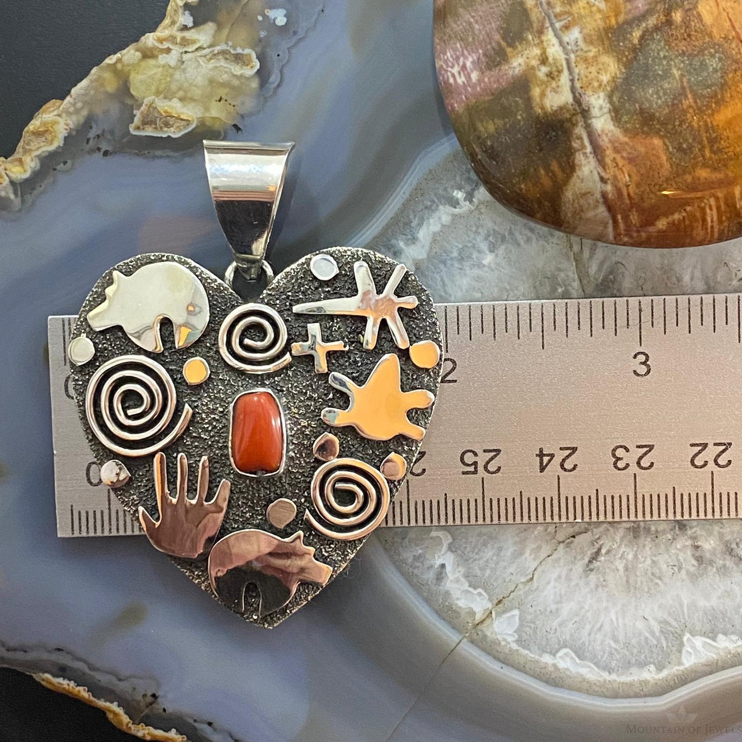 Alex Sanchez Sterling Silver Coral Large Petroglyph Heart Pendant For Women