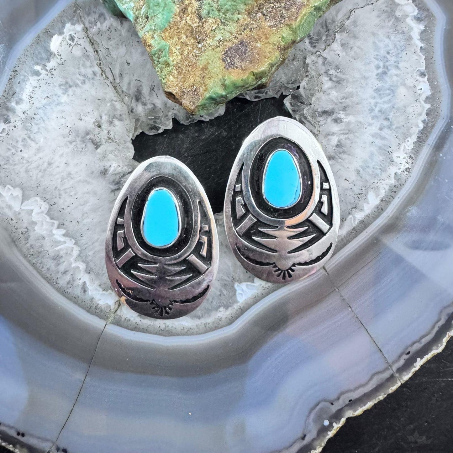 Abraham Begay Native American Sterling Silver Turquoise Overlay Post Earrings For Women