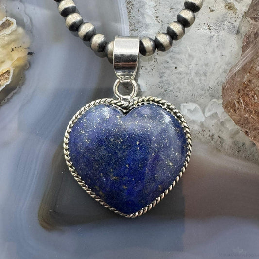 Sterling Silver Southwestern Style Lapis Heart Shape Pendant For Women